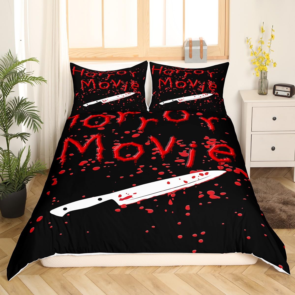 Feelyou Happy Halloween Bedding Set for Kids Horror Theme Comforter Cover Set Twin Size Witchcraft Duvet Cover Bedroom Decor Black Red Bedspread Cover Bedding Collection 2Pcs