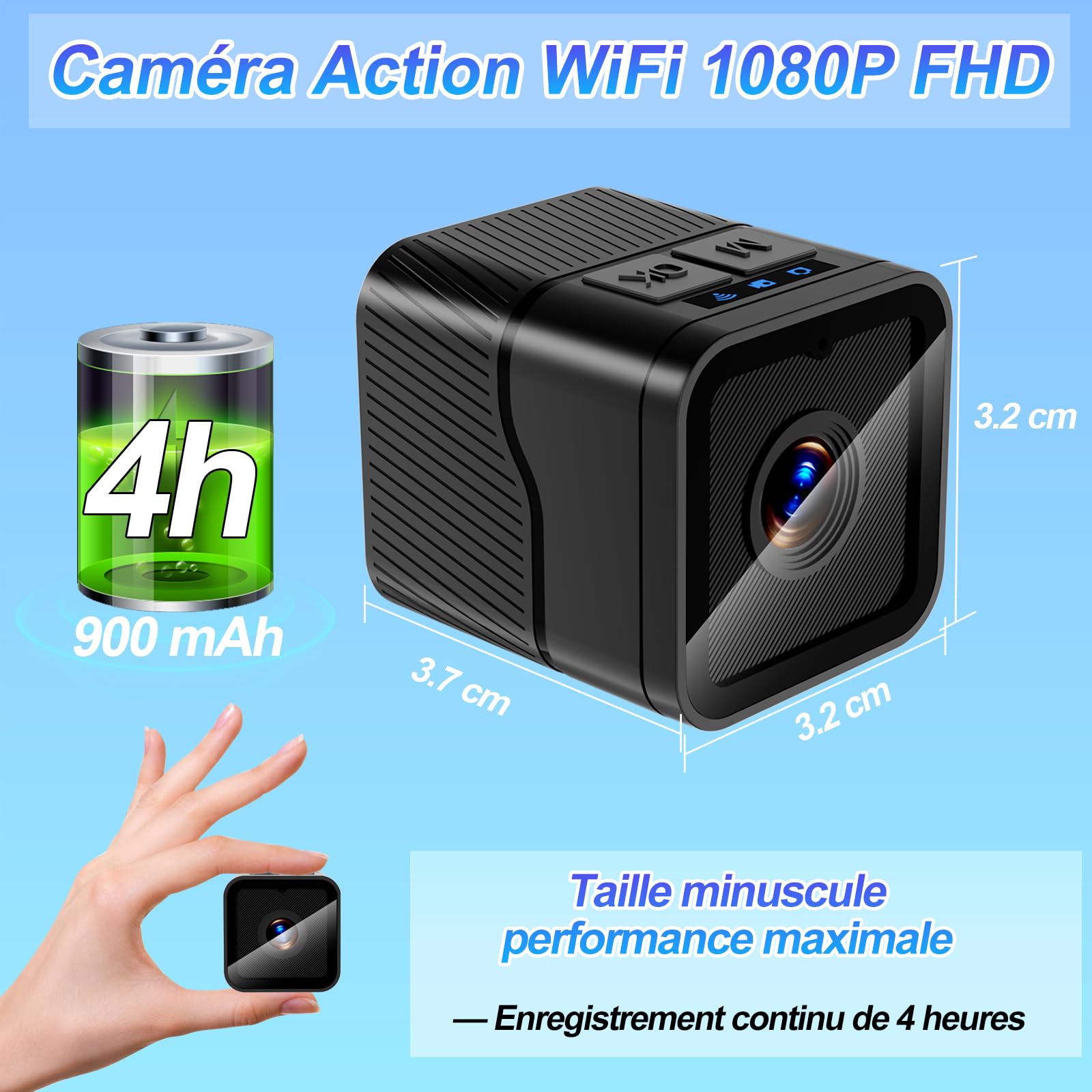 Camera Velo 1080P WiFi Grand Angle Mini Sport, Enregistrement en Boucle | Batterie 900mAh, charge en continu, résiste aux éclaboussures, supports inclus, webcam/dashcam