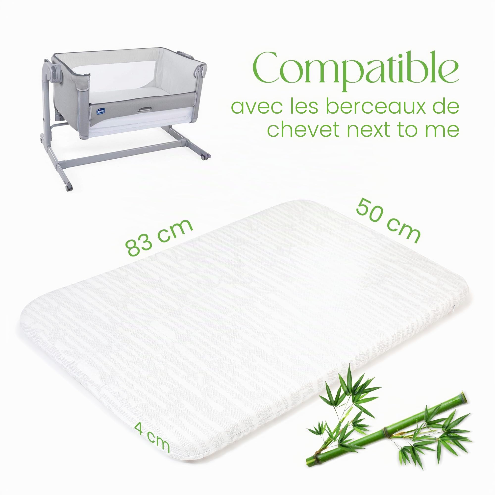 Comfier Sleep Chicco Next To Me Matelas 50 x 83 cm avec housse en bambou super douce s'adapte parfaitement à tous les berceaux Chicco standard Next To Me