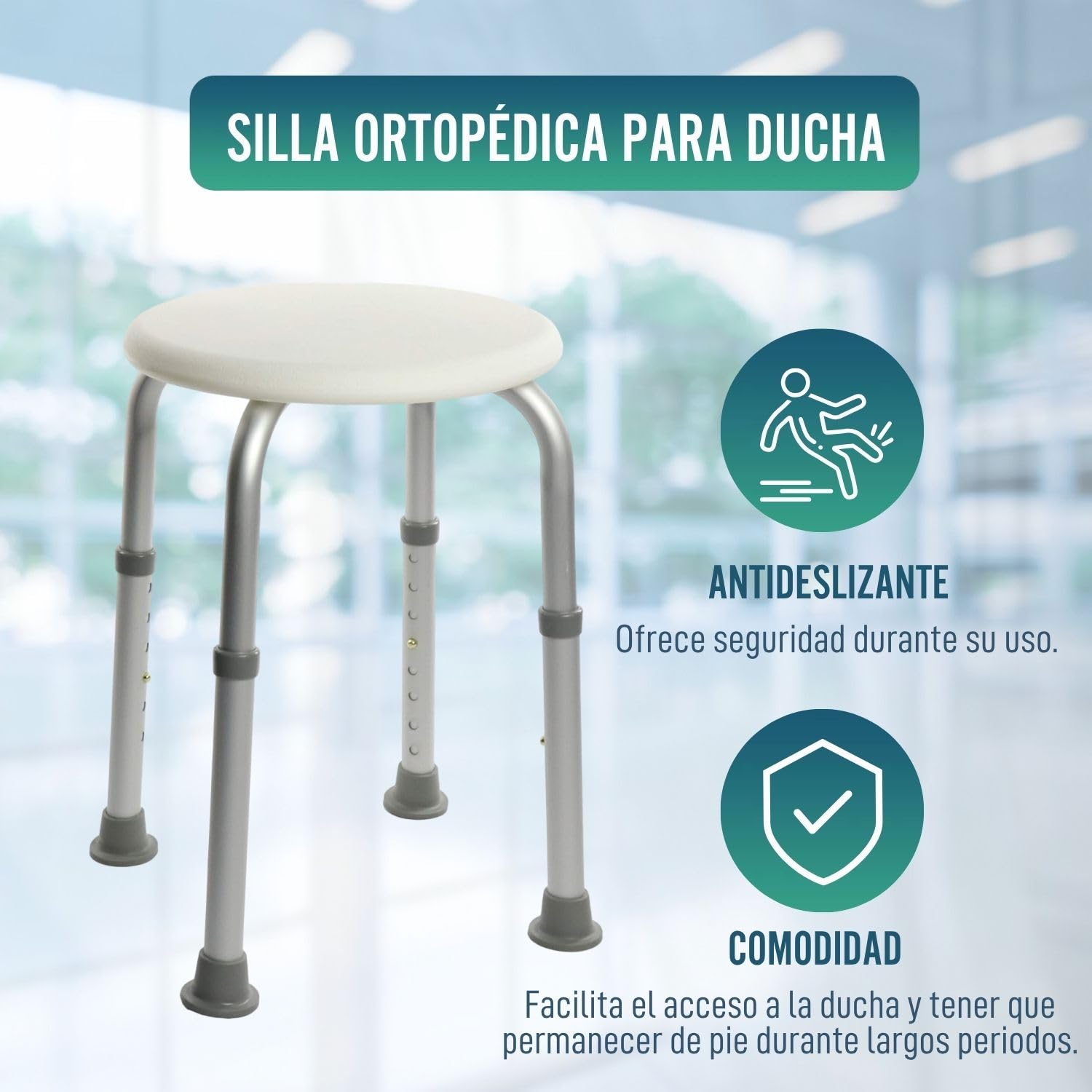 OrtoPrime Taburete de Ducha Redondo - Taburete Baño Antideslizante para discapacitados o Ancianos - Silla Ortopédica para Ducha - Asiento Ducha Adulto - Silla para baño Adulto - Altura Regulable