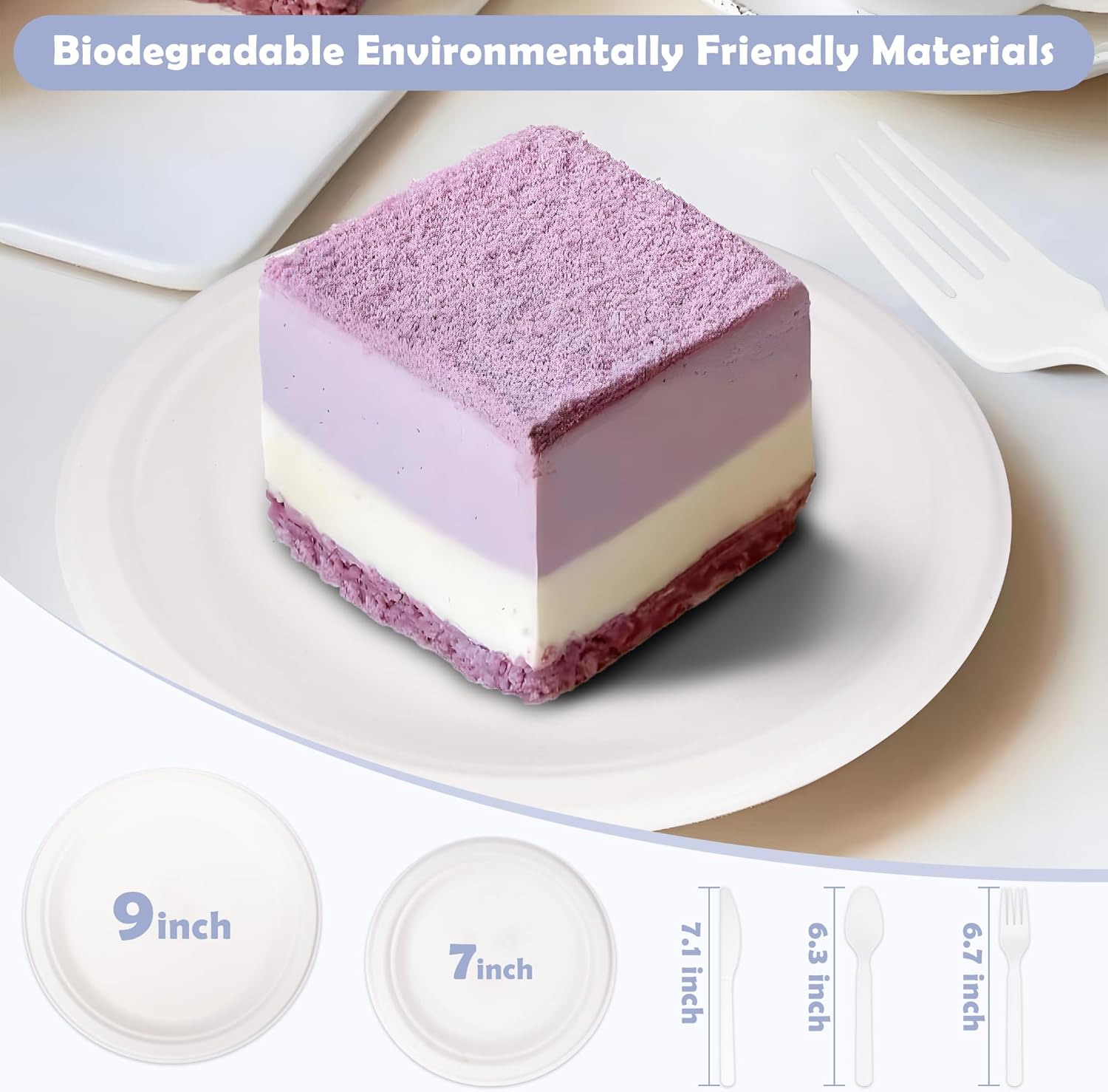 250PCS Compostable Plates Sugarcane Utensils Paper Plate Disposable Heavy Duty, Eco Friendly Dinnerware Set for 50 Guests Includes 50 Biodegradable Plates Forks, Knives & Spoons for Brithday Party