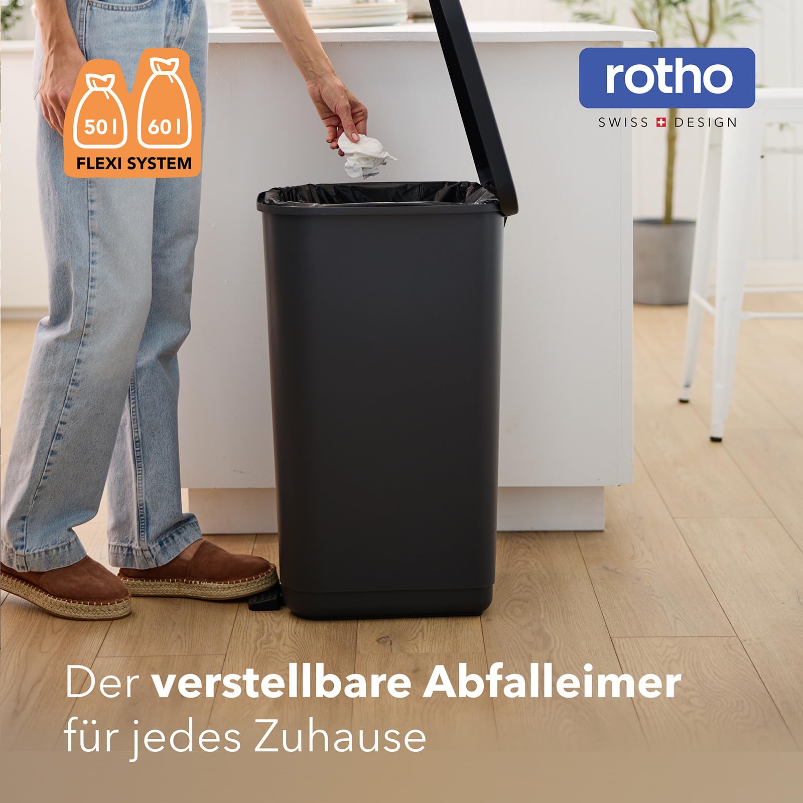 Rotho Orbe Cubo de Basura Cocina 50 L con Pedal Papelera Cocina PP Negro | Cubo de basura de 50 L con pedal y tapa, plástico PP de fácil cuidado, para residuos diarios de cocina