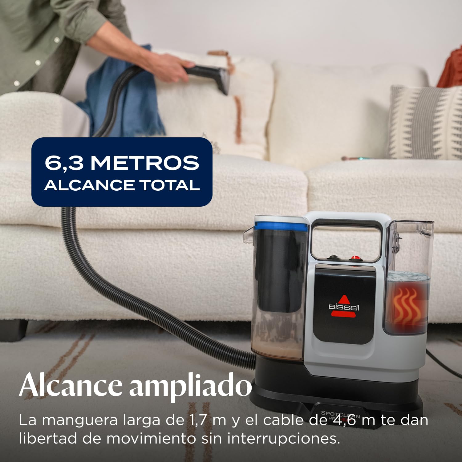 BISSELL SpotClean ProHeat Advanced, Aspiradora de agua tapiceria, limpia tapicerias multisuperficie compacta, Potente 1125W, Sistema triple limpieza profunda para manchas difíciles, Con cable, 3924N