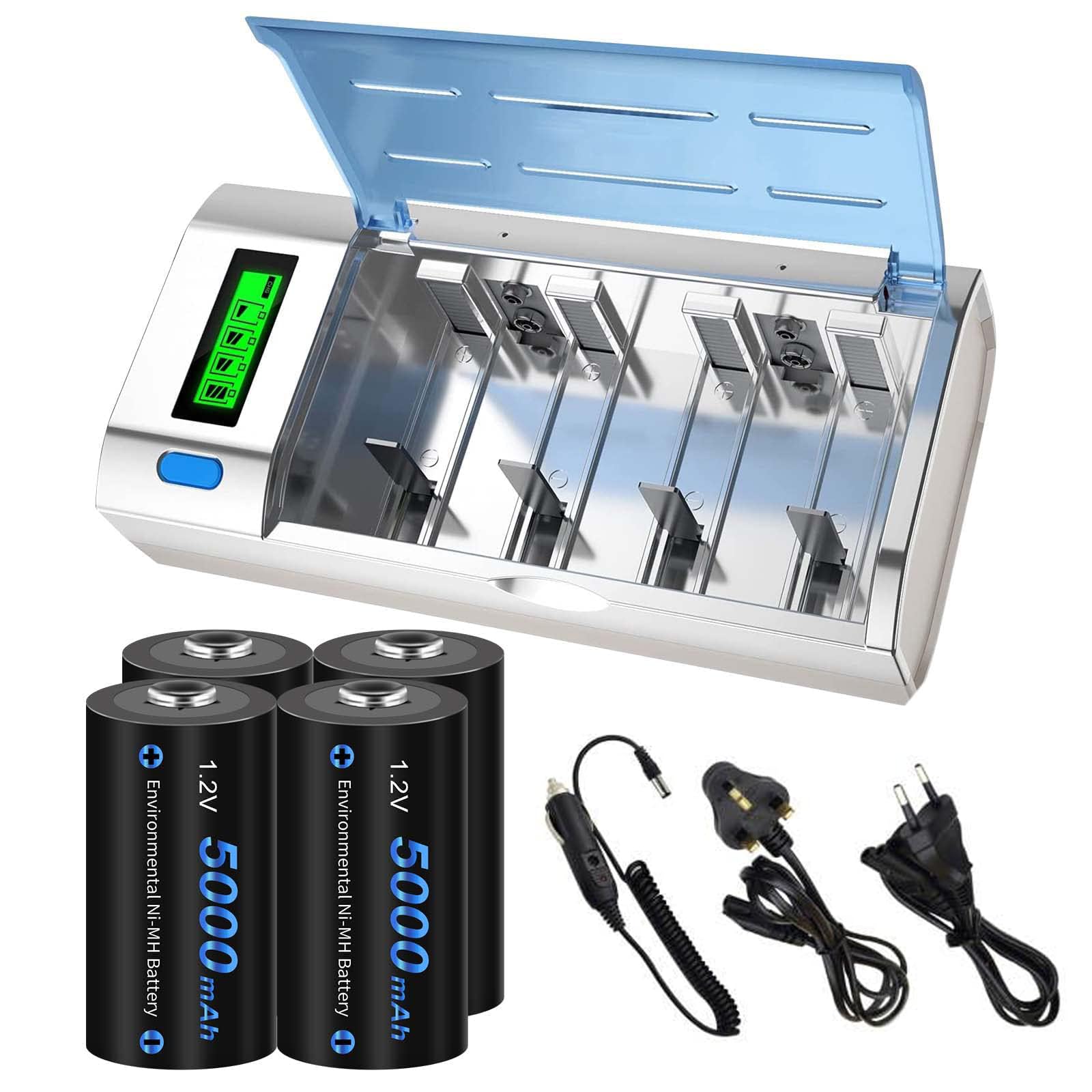 CITYORK Chargeur de Batterie Universel pour écran LCD avec Fonction de décharge pour Batteries AA, AAA, C, D, 9V NI-MH NI avec 4 Batteries NI-MH C Taille 5000mAh