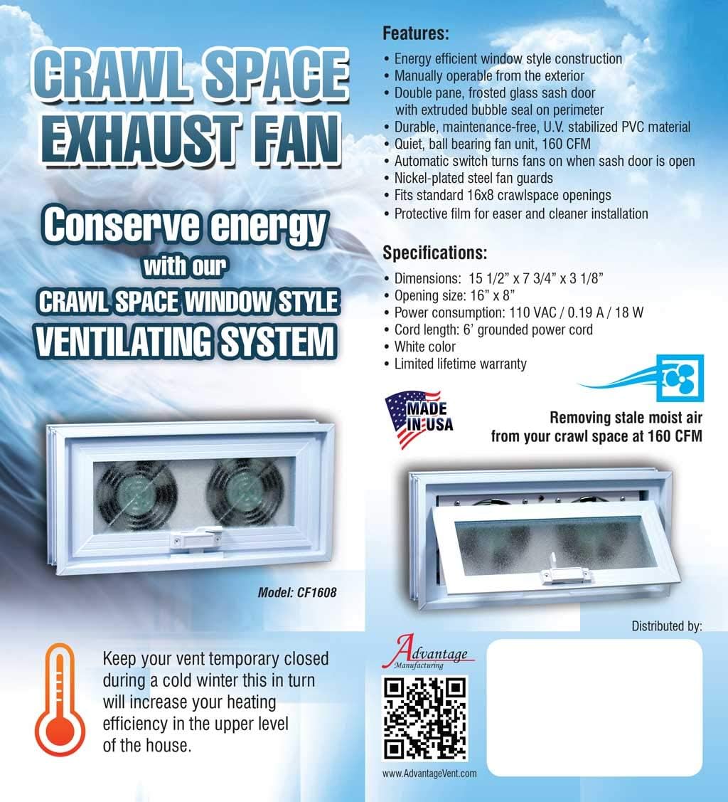 Crawl Space Power Vent – Foundation Vent Replacement for 16" x 8" Openings – 160 CFM Exhaust Fan – Sealed Vinyl Window Design with Double Pane Glass – Fan Turns On When Opened – Made in USA (Clay)