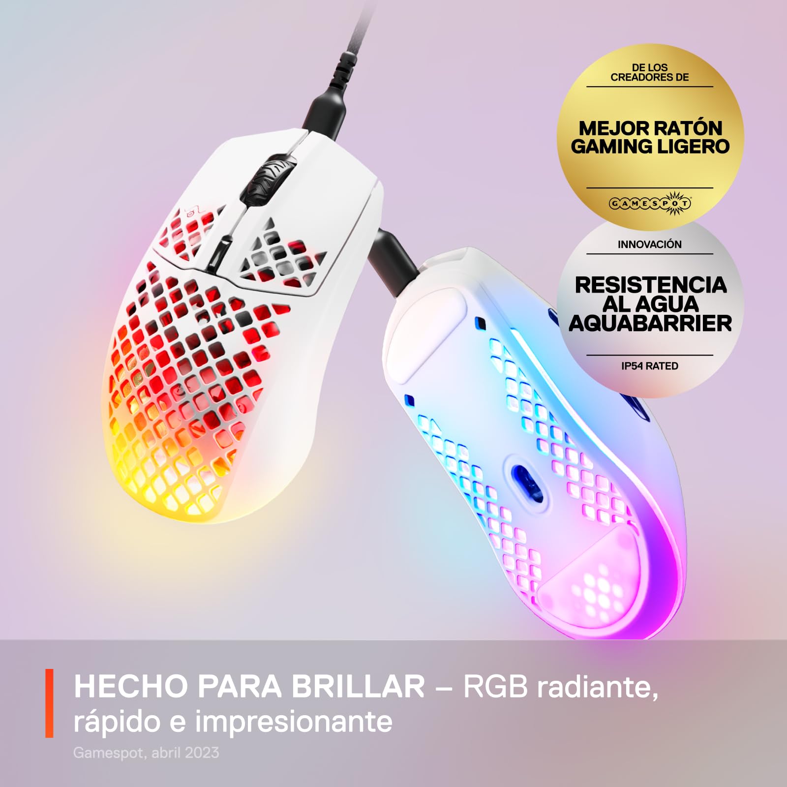 SteelSeries Aerox 3 - Raton Gaming Con Cable - Diseño ultraligero resistente al agua - RGB - Sensor óptico TrueMove Core 8500 DPI - Snow