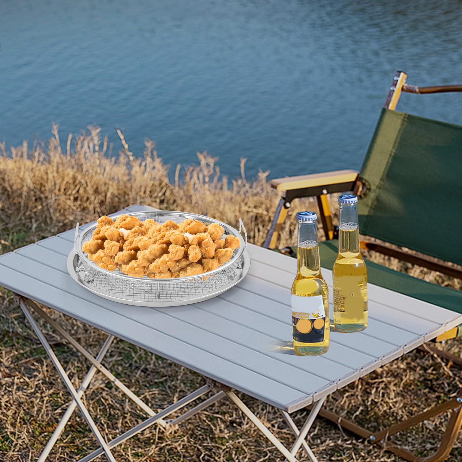 Griglia per barbecue, griglia per forno, griglia per barbecue, cestino in acciaio al carbonio, cestino per barbecue con manico, teglia per pollo, pesce, verdure (argento, rotondo)