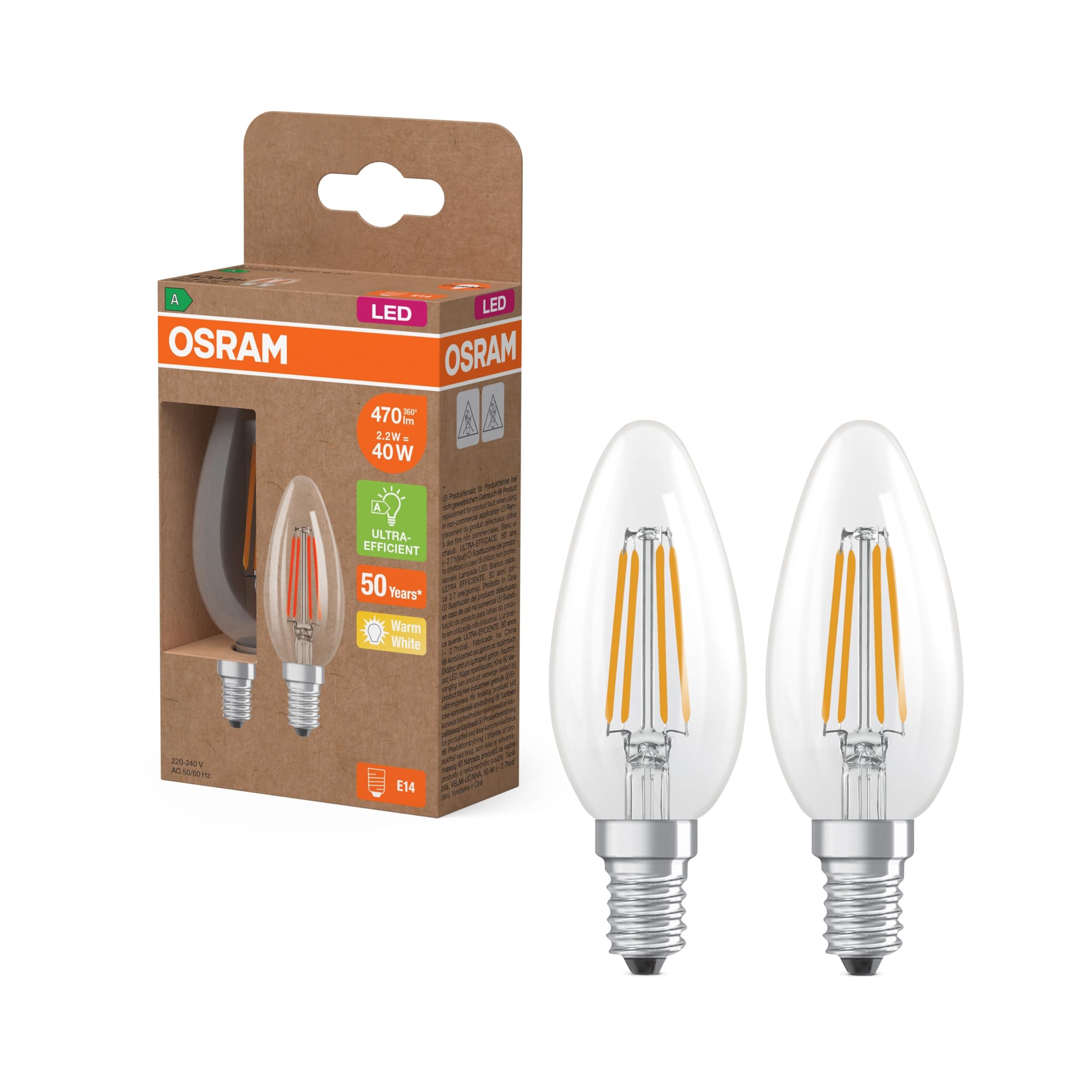 Osram Led Candle Filament E14 2,2W 2700K 470Lm 2-Pack