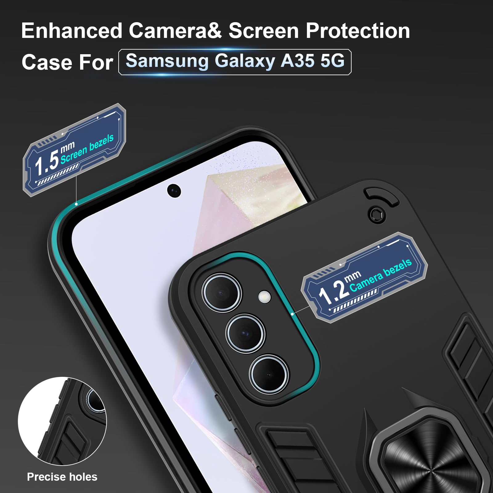 Funda para CMF Phone 2 Pro, Carcasa Antigolpes con Soporte anular metálico, Case Protectora de Grado Militar, Negro — view 1209