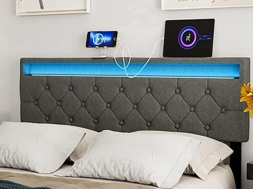 Miniatura 10 de IKIFLY Cabecera tapizada tamaño Queen con luces LED y 2 puertos USB, altura ajustable, cabecera acolchada de tela de lino con botones, fácil