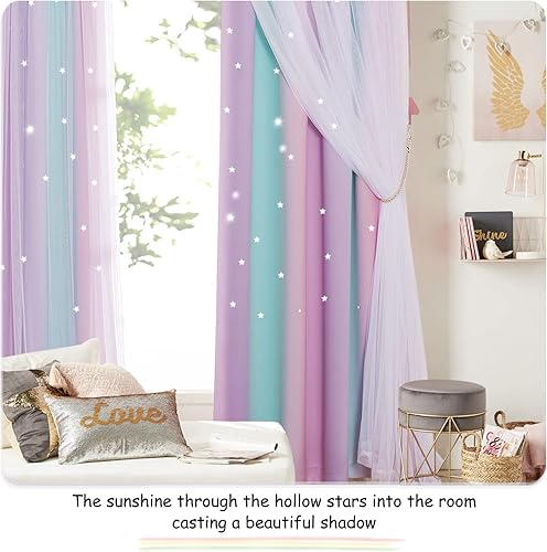 Miniatura 7 de NICETOWN Cortinas de guardería para niñas, cortinas de oscurecimiento de habitación con arco iris para dormitorio, cortinas de ventana con estrellas