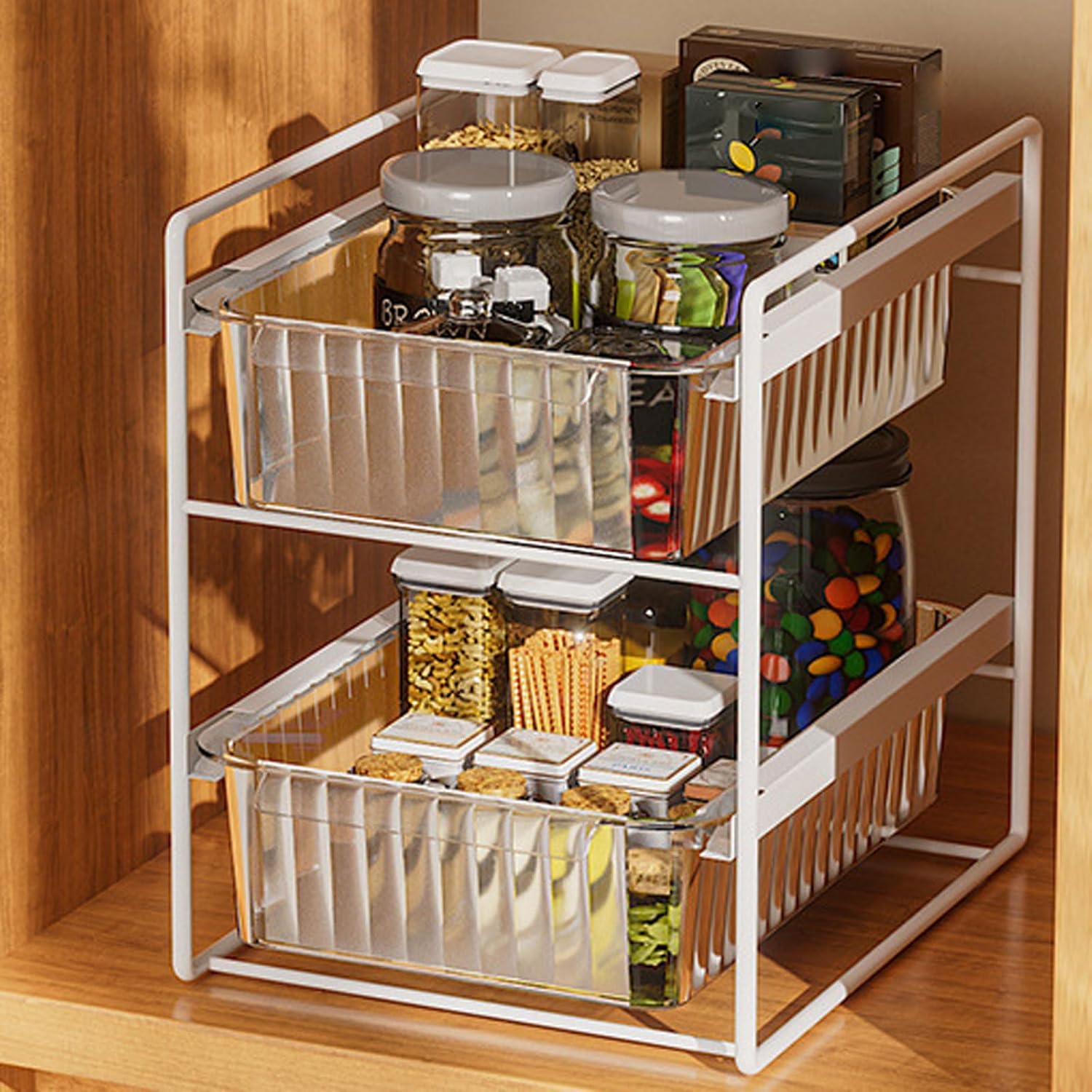 スライド式バスケット引き出しオーガナイザー、バスルームカウンタートップオーガナイザー、シンク下オーガナイザー、強力な耐荷重、キッチン