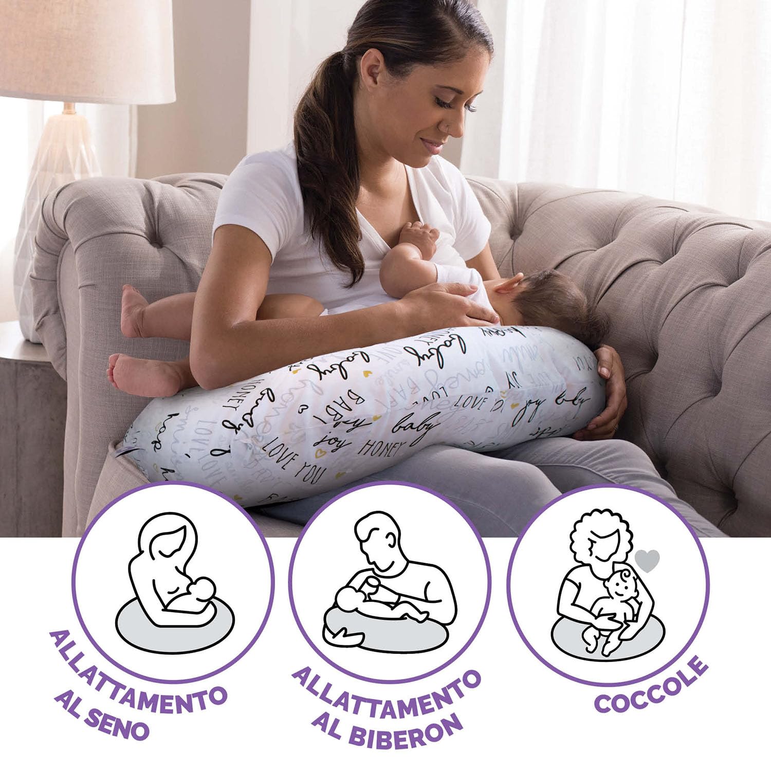 Boppy Cuscino Allattamento per Neonati 0+ Mesi, Forma Ergonomica con Supporto per Mamma e Bambino, Supporto Neonato per Allattamento al Seno e col Biberon, Lavabile in Lavatrice, Fantasia Hello Baby