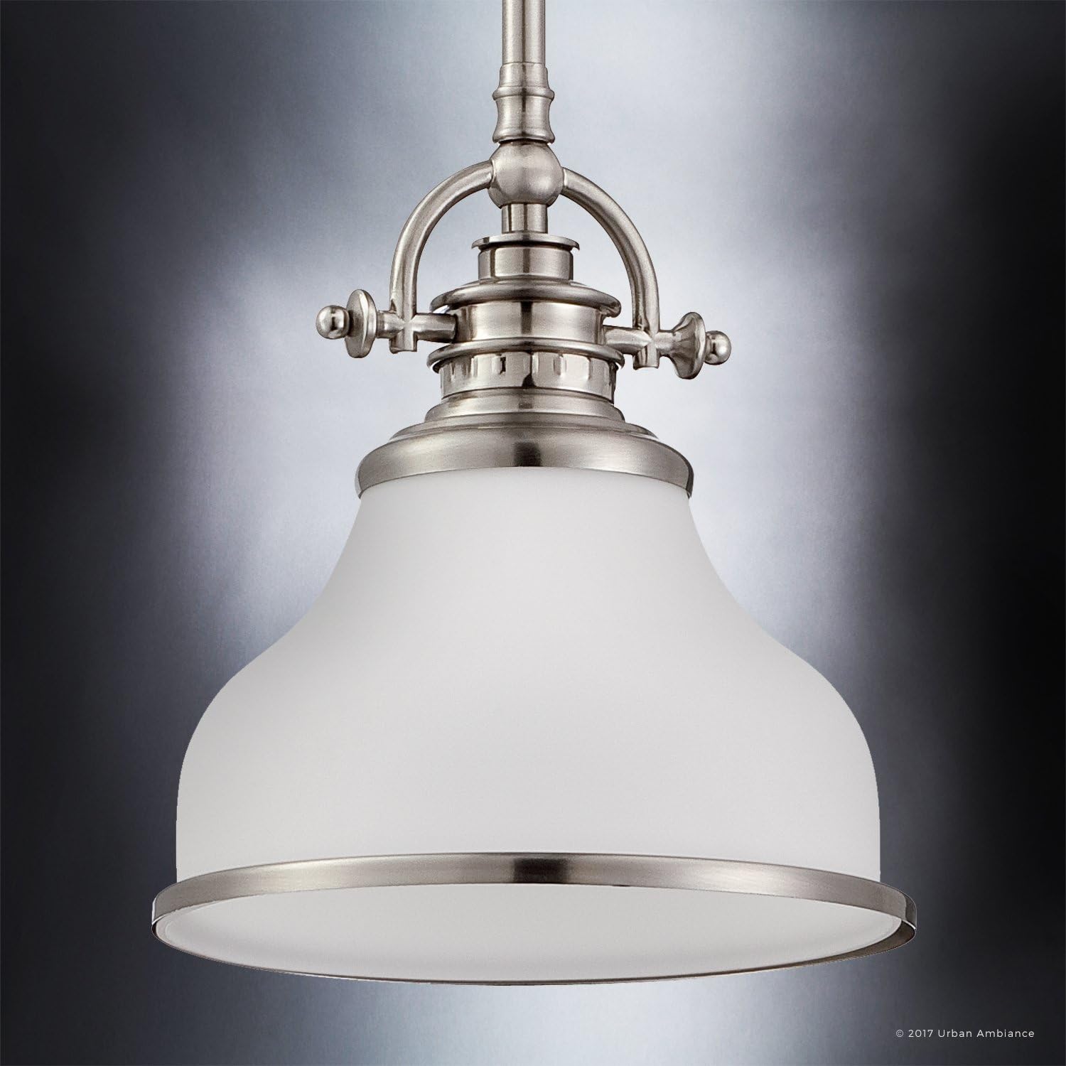 Up To 50% OFF Luxury Industrial Pendant Light, Small Size: 9.5H x 8W, with Americana Style Elements, Nostalgic Design, Pretty Brushed Nickel Finish and Opal Etched Glass, UQL2336 by Urban Ambiance