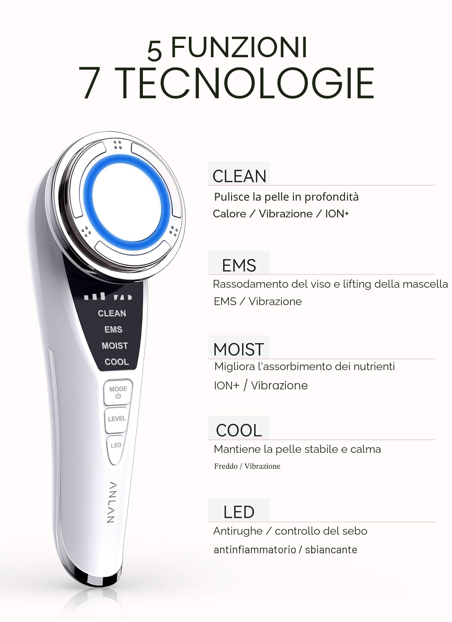 ANLAN Massaggiatore Viso Antirughe di seconda generazione, 5 in1 Pulizia Viso,Pulire I pori profondi, rimuovere l' acne, Punti neri, Rughe Anti-età Rassodamento e Lifting viso