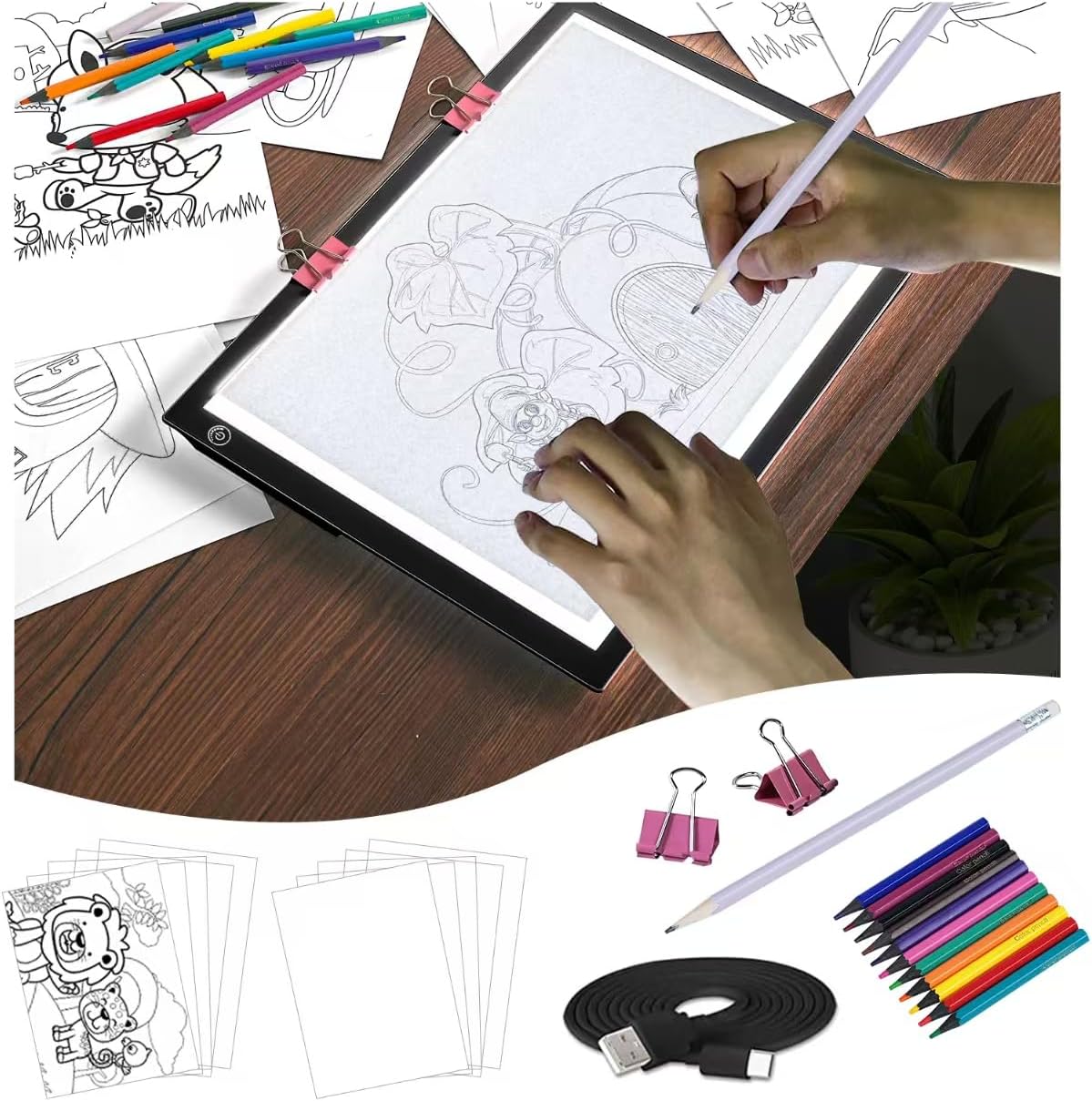 LooEooDoo A4 Rechargeable Tracing Light Pad Kit,Dimmable Light up Box LED Tracer Board Arts and Crafts Writing Drawing Pad for Weeding Vinyl, Diamond Art, Sketching, Tracing and Animation (Black)