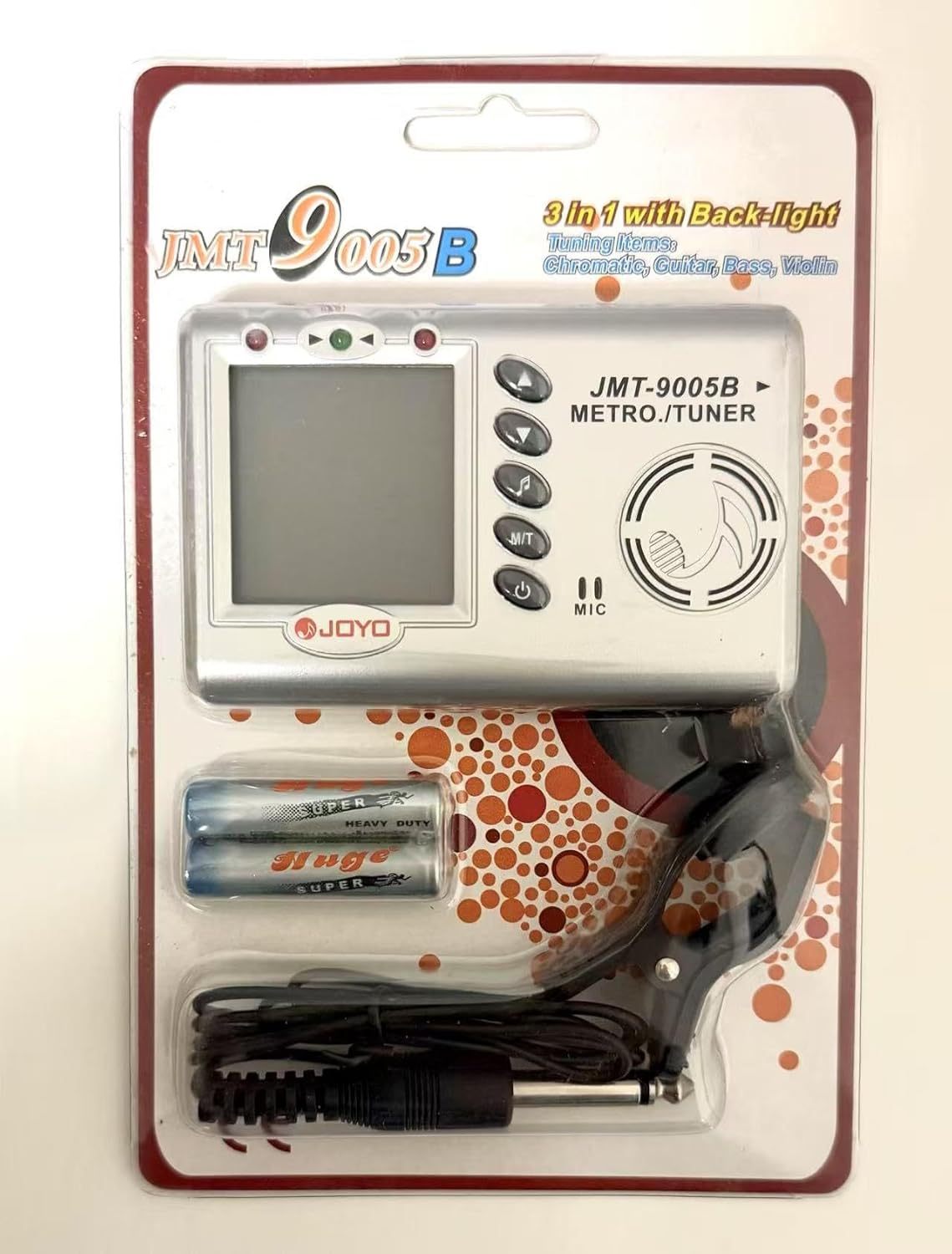 JOYO JMT-9005B packaging showing the device, clip-on pickup, and two AAA batteries.