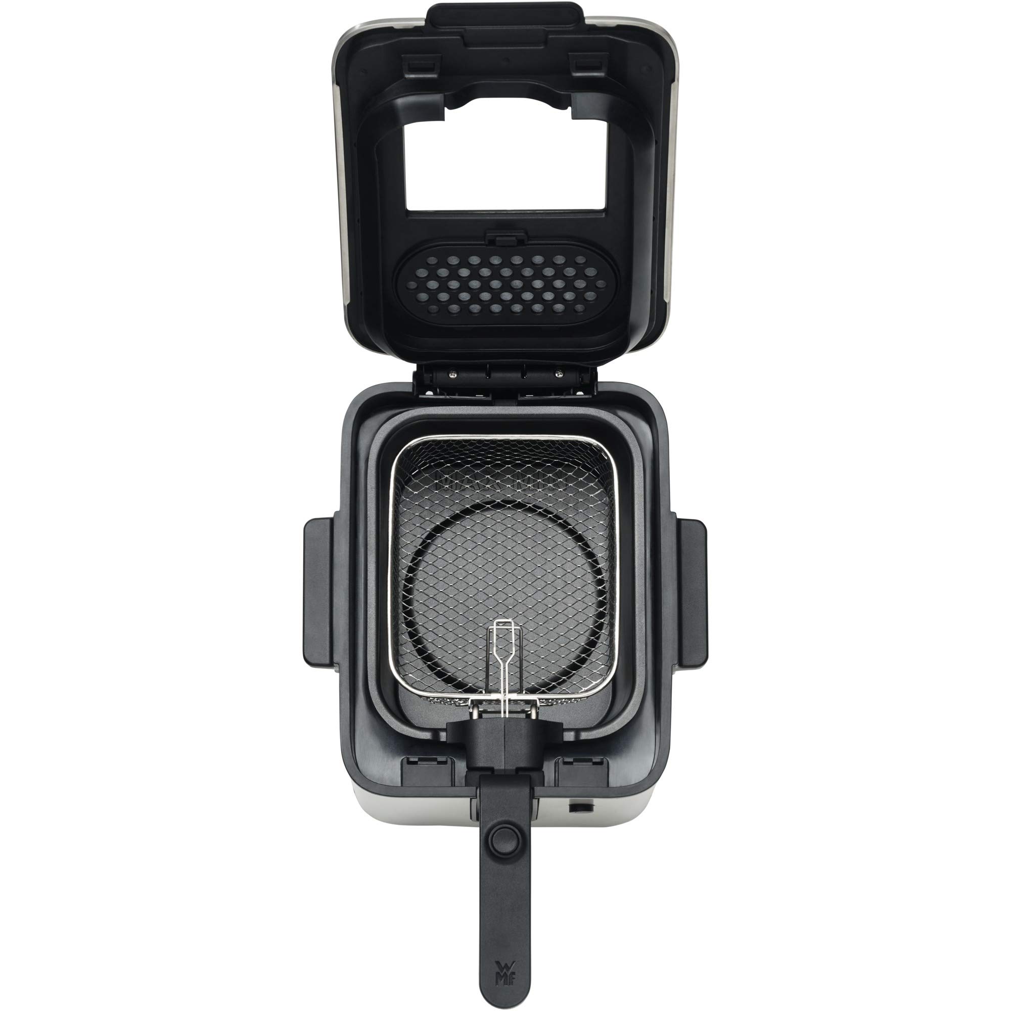 WMF Küchenminis mini frytkownica z tłuszczem/olejem, mini frytkownica z krajalnicą do ziemniaków, 1000 W, wyjmowany pojemnik na olej, na chrupiące frytki, stal nierdzewna matowa
