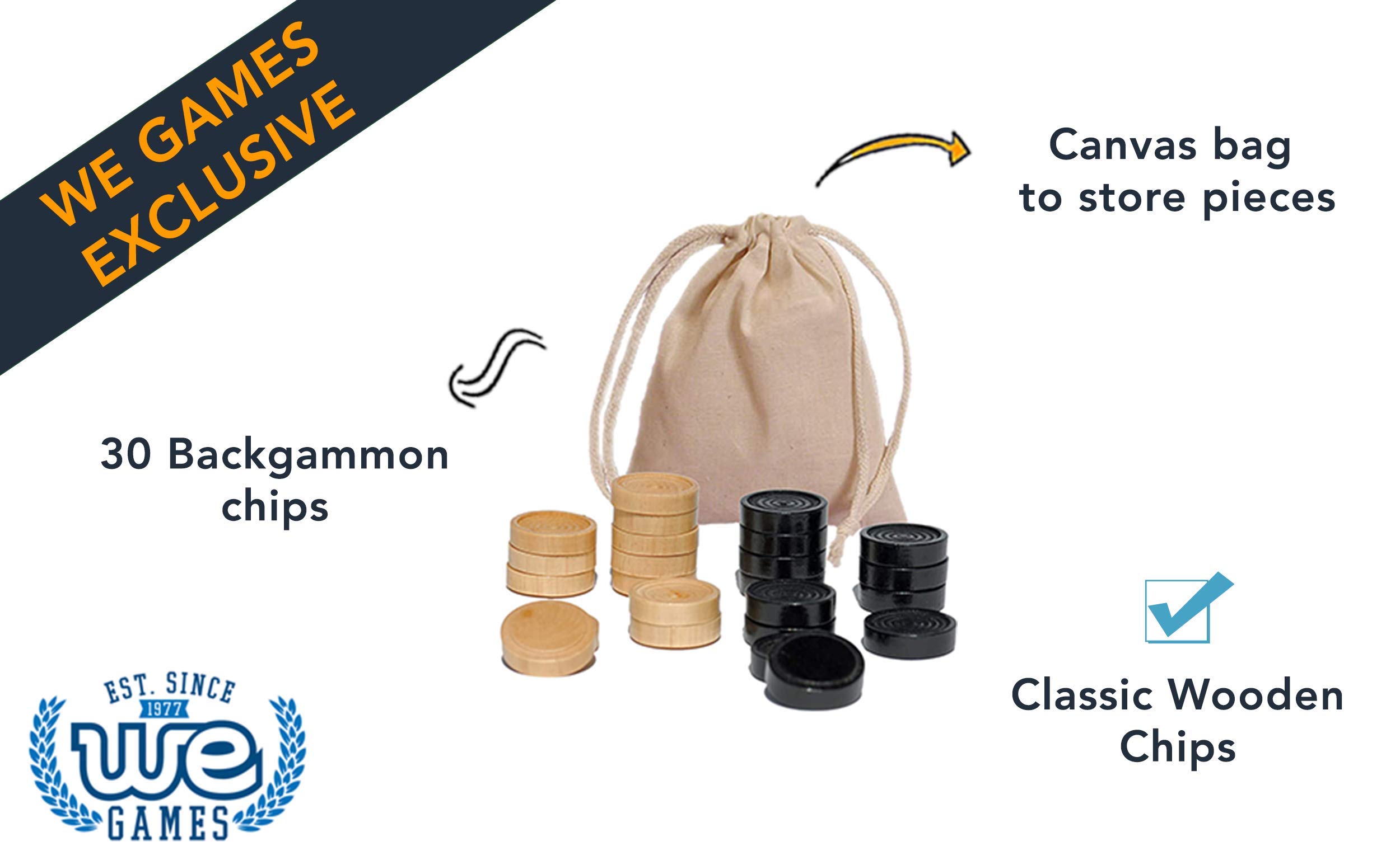 WE Games Copeaux de backgammon en bois avec pochette en tissu Noir et naturel 3,8 cm de diamètre
