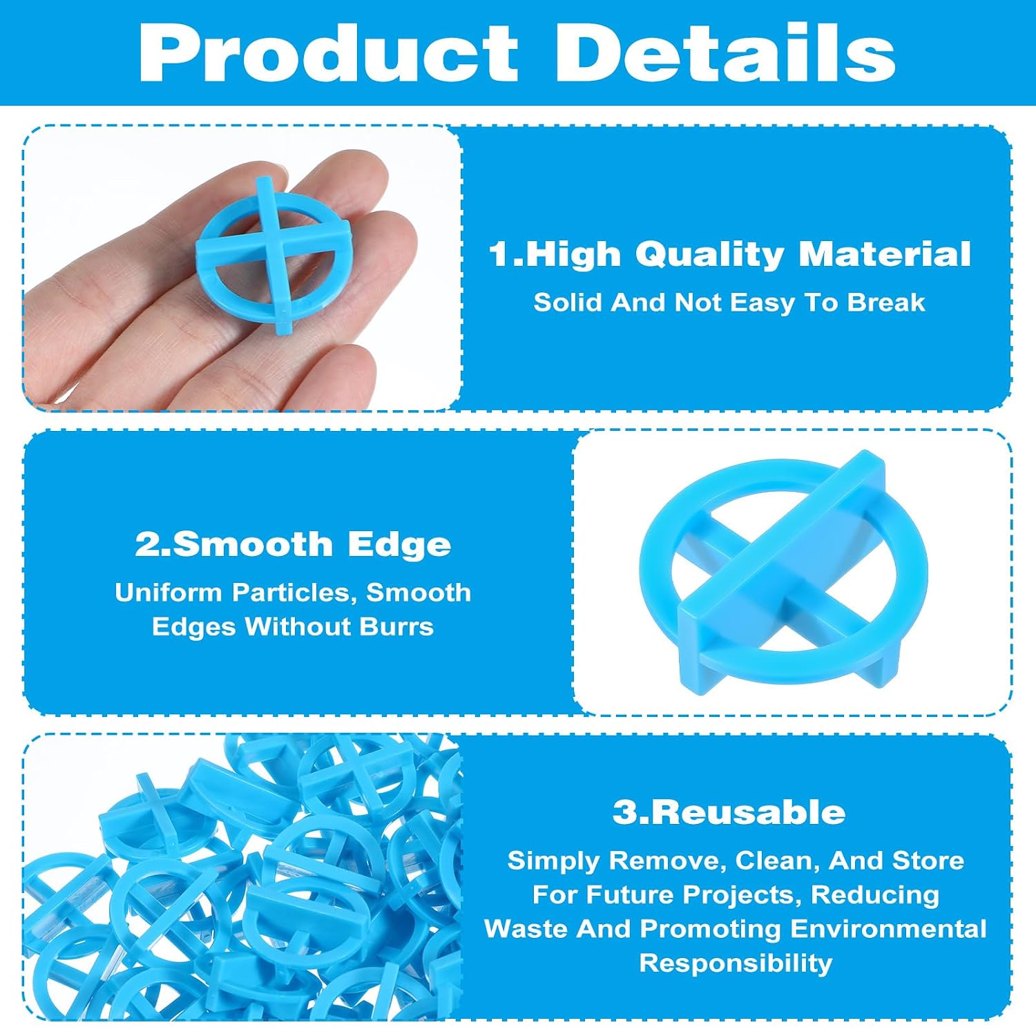 500 Pcs 1/8 Inch (3mm) Tile Spacers, Reusable Plastic Cross Tiles Spacer Blue Removable Wall Floor Leveling Clips for Various Types of Tile Leveling