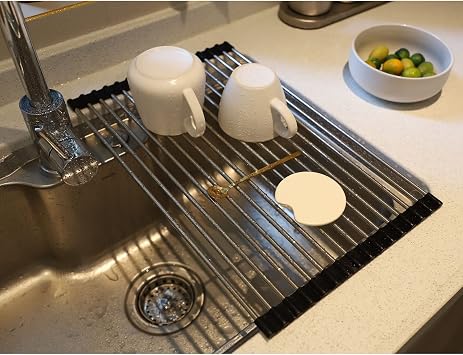 Roll up Dish Drying Rack Over The Sink Portable Stainless Still Rolling Rack Folding Mat for Kitchen Counter Black, 17.7LX11.8W