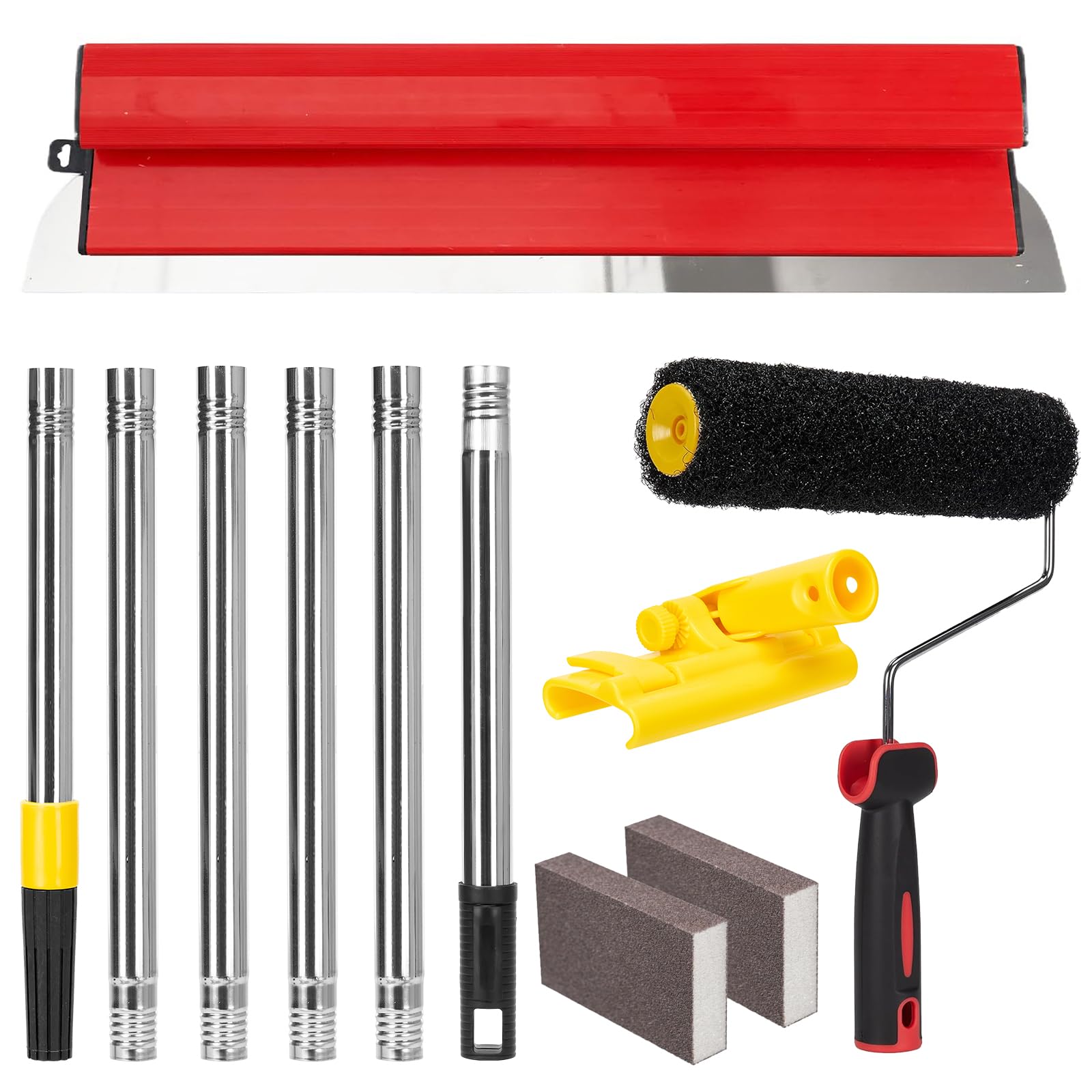 Kit plaquiste complet pour enduit et rénovation – Lame inox renforcée 60 cm avec perche télescopique 1,8 m, brosse 9”, blocs abrasifs, pour murs et plafonds