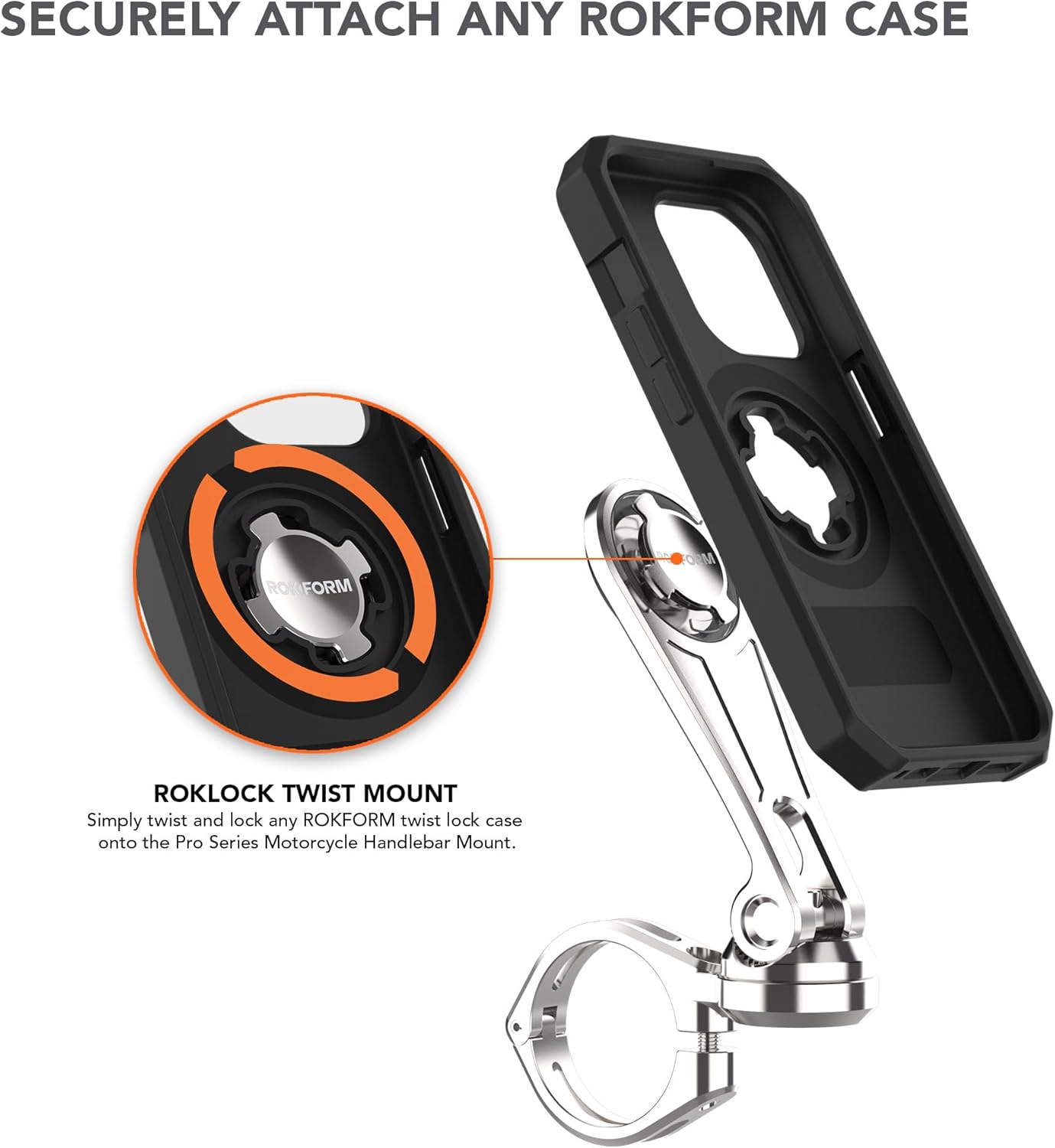 Rokform Motorcycle Handlebar Phone Mount, Version 2, Now mounts to Any Handlebar from 7/8" - 1.5" (22.mm - 38.1mm), Secure Phone via Twist Lock and Built-in Magnet Mount (Polished Aluminum)