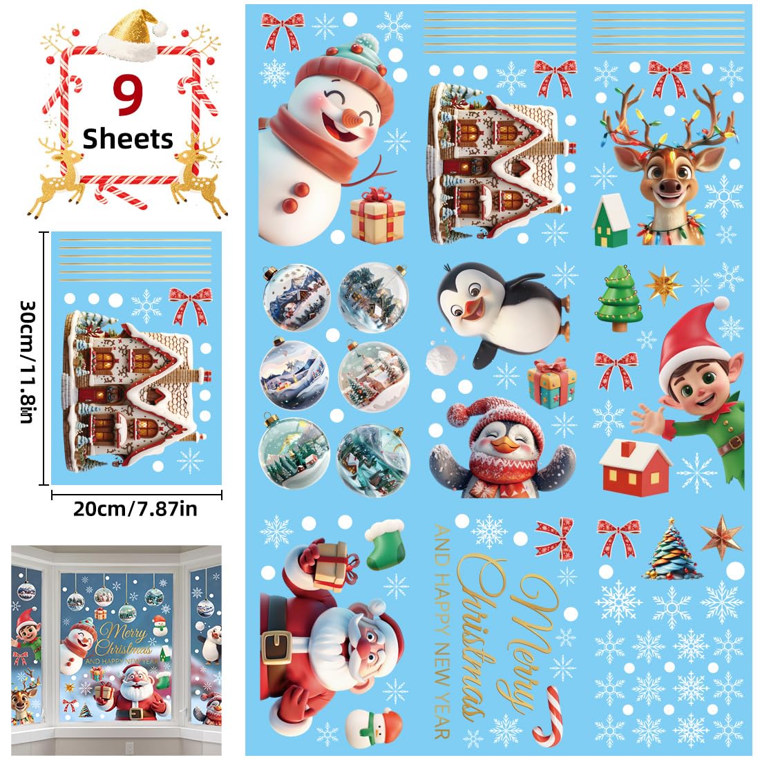 Stickers Fenêtre Noël Réutilisables - 9 Feuilles 30x20 Cm - Motifs Père Noël, Flocons (Bleu) - Autocollants Amovibles Sans Traces