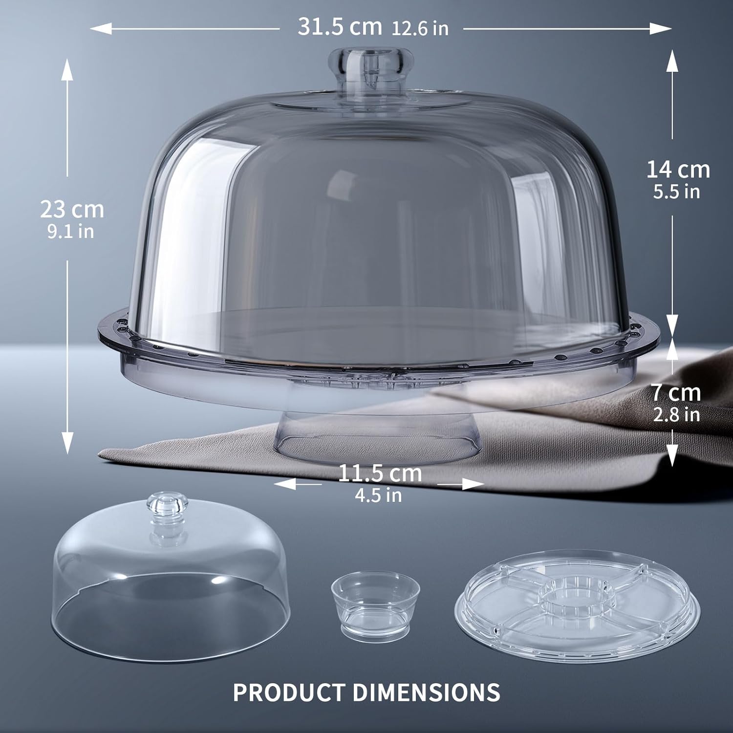 Masthome Cake Stand with Demo Cover, 6 in 1 Multi-Functional Serving Platter Display Stand for Christmas Wedding Party, Acrylic Cake Plate/Salad Bowl/Dessert Platter, BPA-Free, Send 2 Spoon