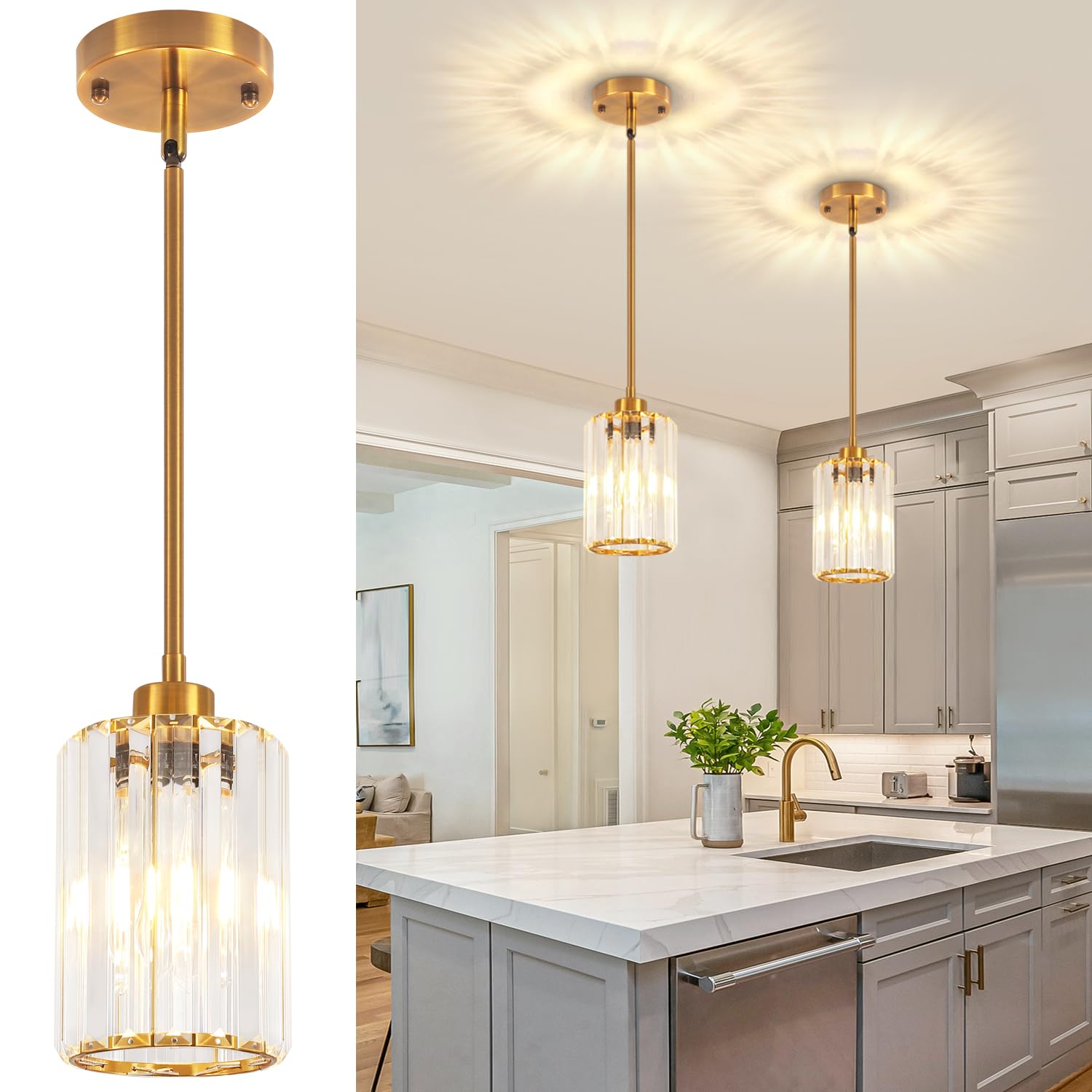 Photo 1 of 2 Pack Brushed Gold Pendant Light Fixtures Modern Crystal Kitchen Lighting