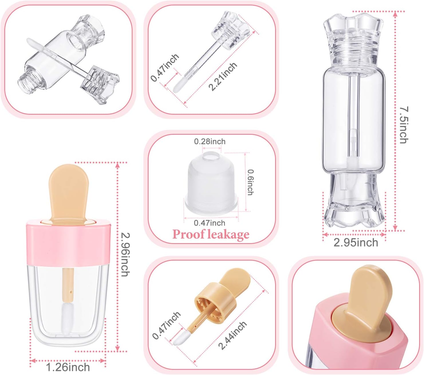 15 Piece Empty Pink Ice Cream Shaped Lip Gloss Tubes Adorable Coke Bottle and Candy Shaped Lip Glaze Tube Mini Refillable Lip Gloss Balm Containers with Plastic Syringe Dispensing for DIY Cosmetics