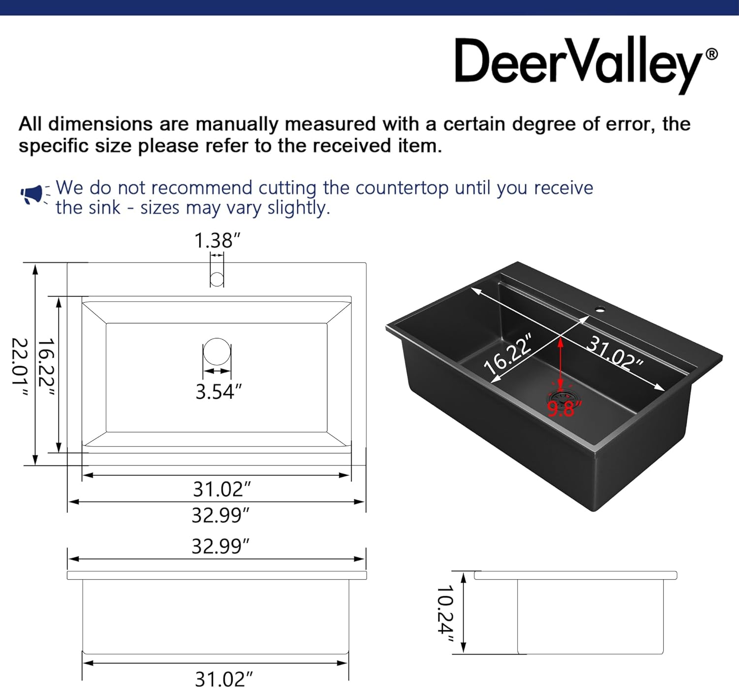 DeerValley Black Drop In Kitchen Sink 33 Inch, Granite Composite Single Bowl Workstation Sink with Integrated Ledge