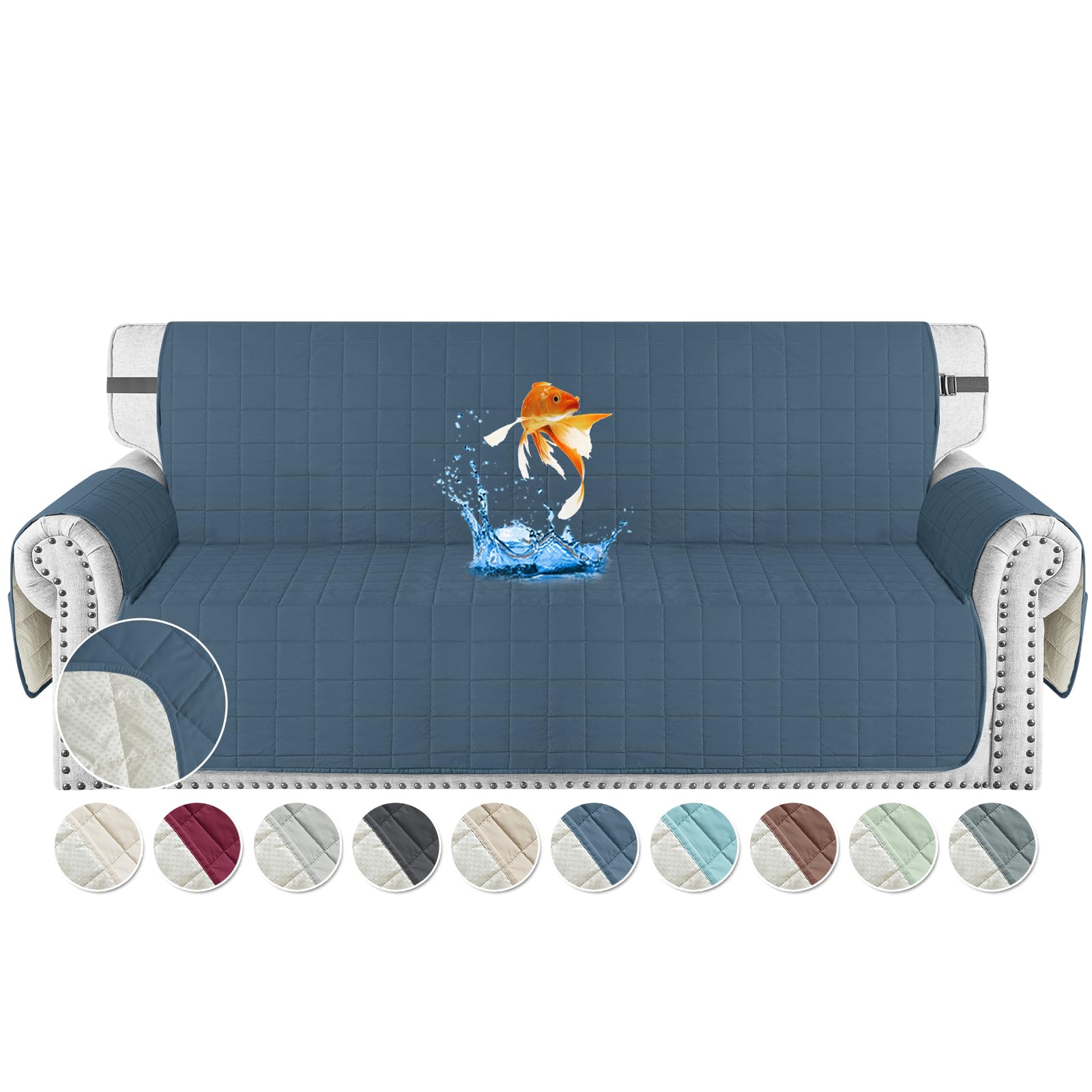 MAXIJIN Waterproof 4 Seater Couch Covers, 79" Quilted Sofa Covers Washable Pet Dog Couch Cover Protector with Elastic Strap & Side Pocket (Berlin Blue, 4 Seater) โ image 1