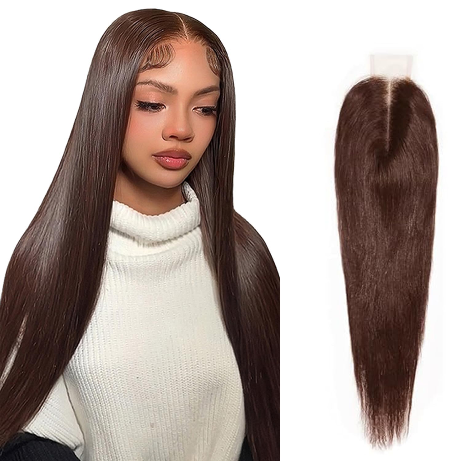 2x6 Closure Lace Chocolate Brown 4# Closure Straight 100% Unprocessed Brazilian Virgin Hair With Pre Plucked BabyHair Transparent Lace Closure Hair Extensions Pre Plucked Closure For Women 18 Inch