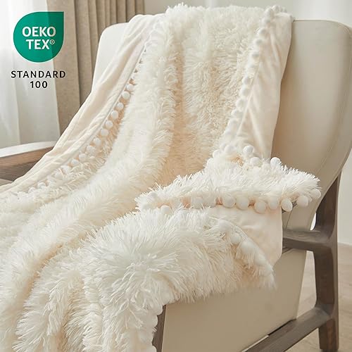 Miniatura 2 de XeGe Manta de cama de piel sintética esponjosa con pompones, manta bohemia acogedora color crema mullida de 50 x 60 pulgadas, manta estética de