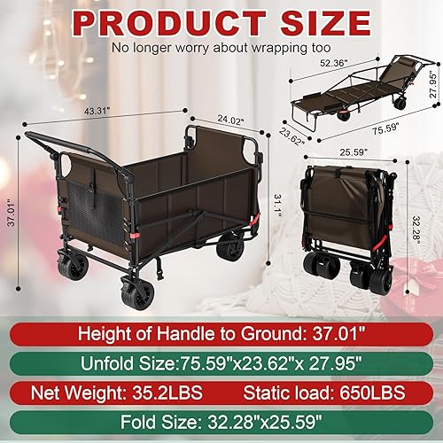 Miniatura 5 de LEVELEVE Carro plegable resistente, carrito plegable 2 en 1, capacidad de 650 libras, ruedas todo terreno con frenos y bolsillos laterales (marrón)