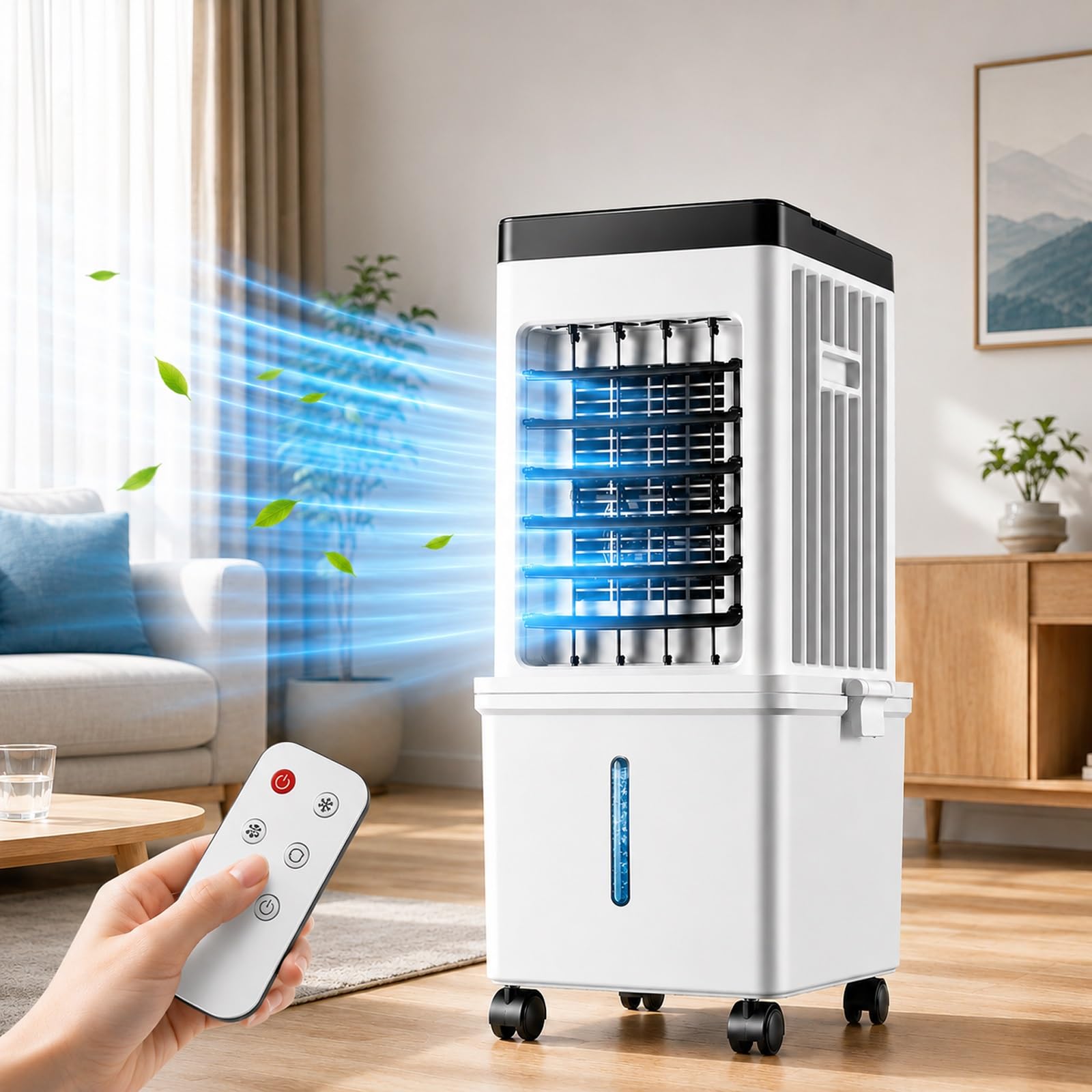 Aire Acondicionado Portátil/Enfriador Evaporativo, 3 Velocidades, Oscilación de 90°, Temporizador de 7,5 H, Control Remoto, para Oficina en Casa o Dormitorio