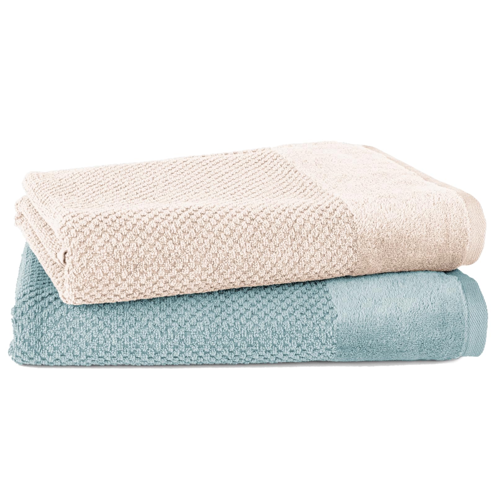 Pure Label 2-TLG. Badetücher Set mit Anhängeschlaufe aus 100% Baumwolle, saugstark, weich und Oeko-TEX Zertifiziert - 2 Badetücher aus Baumwolle 70x140 cm, Creme | Türkis