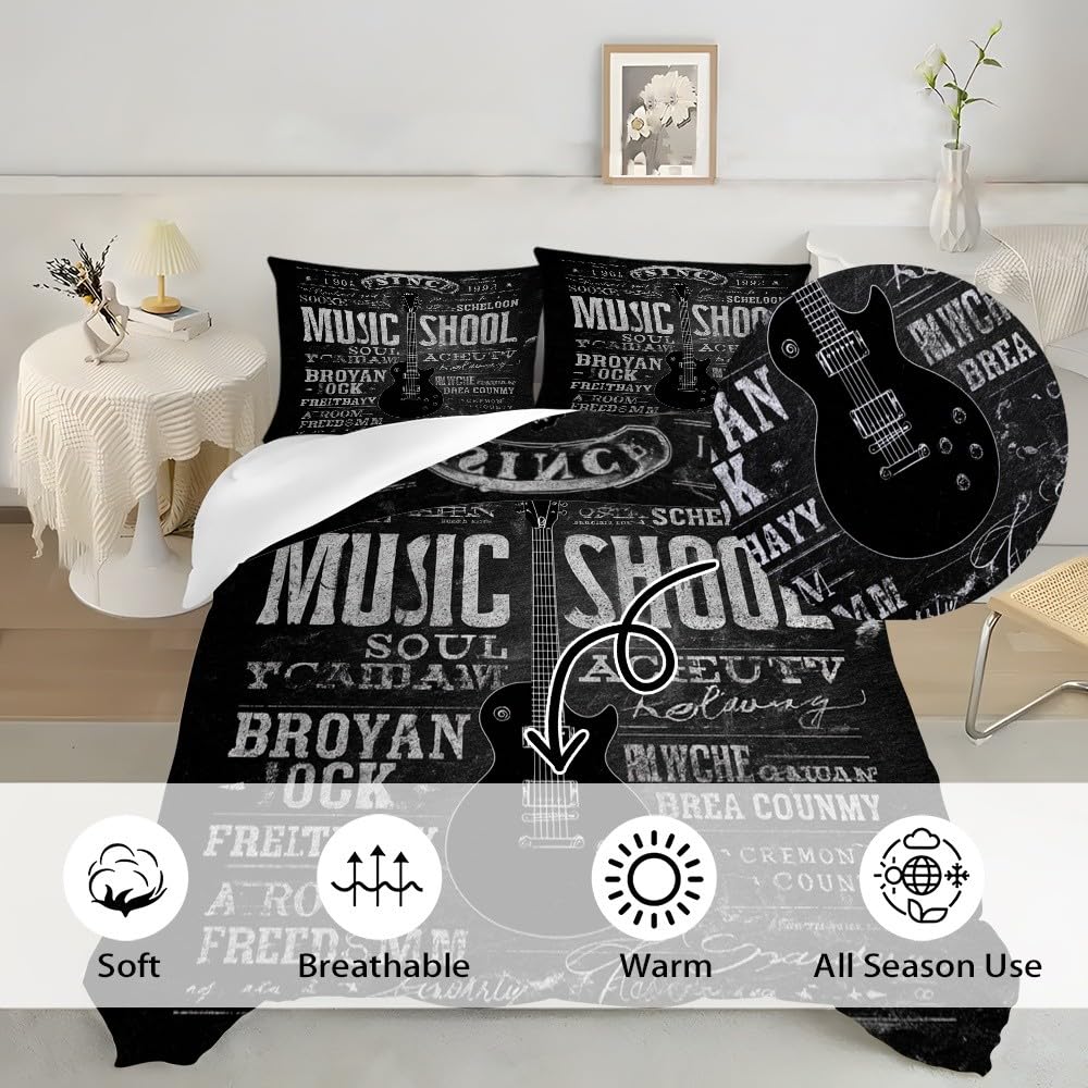3D Funda nórdica 240x220 cm Tema De MúSica Retro Funda nórdica con Cremallera, 3 Piezas Negro Ropa de Cama de Microfibra Cama 150cm Ultra Suave para niños Adolescentes y Adulto