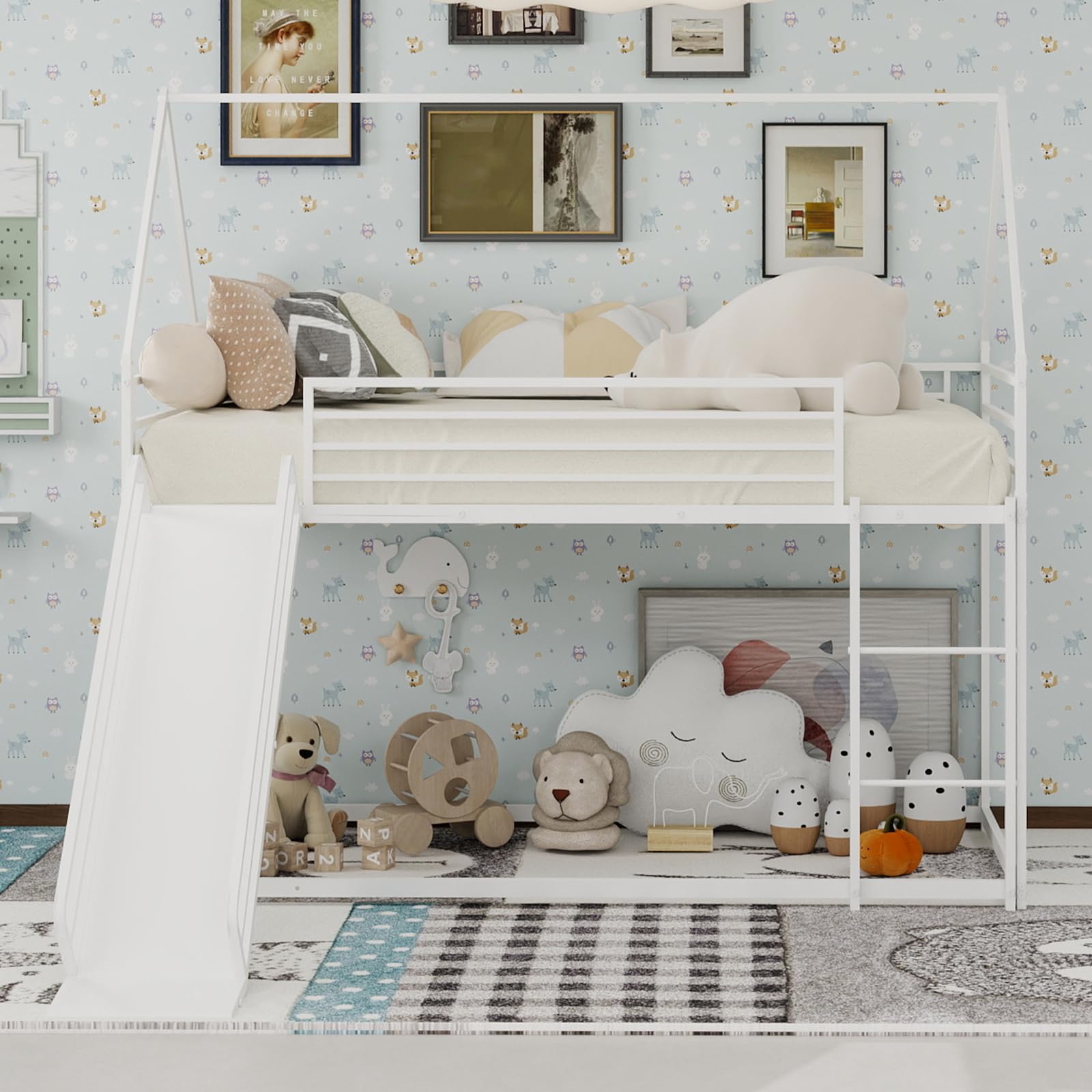 Lit Superposé Enfant 90 * 190 cm avec Toboggan et Escalier, Lit Cabane en Métal Robuste avec Barrière de Sécurité et Sommier, Design Moderne Gain de Place pour Chambre d'enfant Blanc