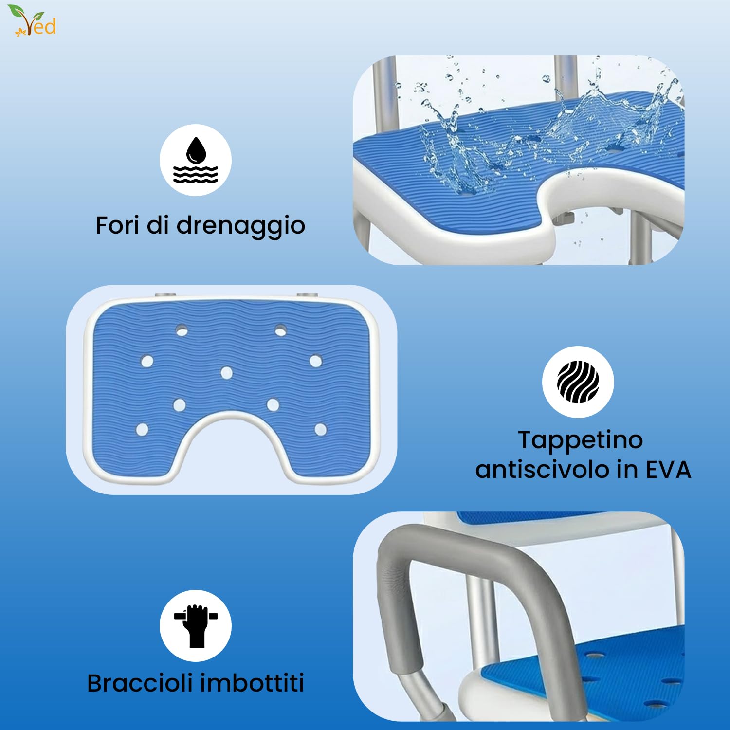VED Sedia da Doccia a Forma di U con Braccioli e Schienale, Sgabello Regolabile in Altezza 6 Livelli, Antiscivolo per Anziani e Disabili, Capacità di Carico di 330 lb