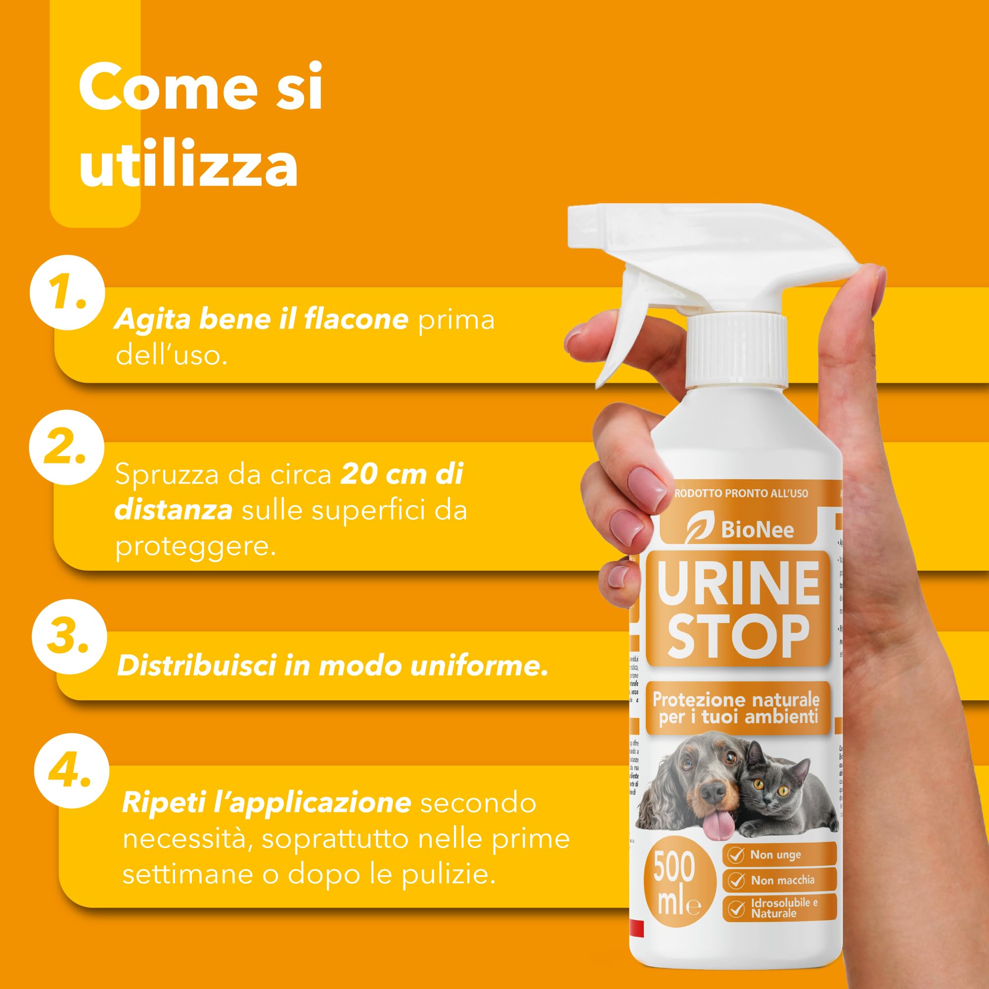 Bionee Urine Stop Spray Naturale per Cani e Gatti 500 ml – Doppia Azione: Disabituante agli Agrumi + Elimina Odori – Pronto all’Uso, Non Macchia, Sicuro per Ambienti Interni ed Esterni