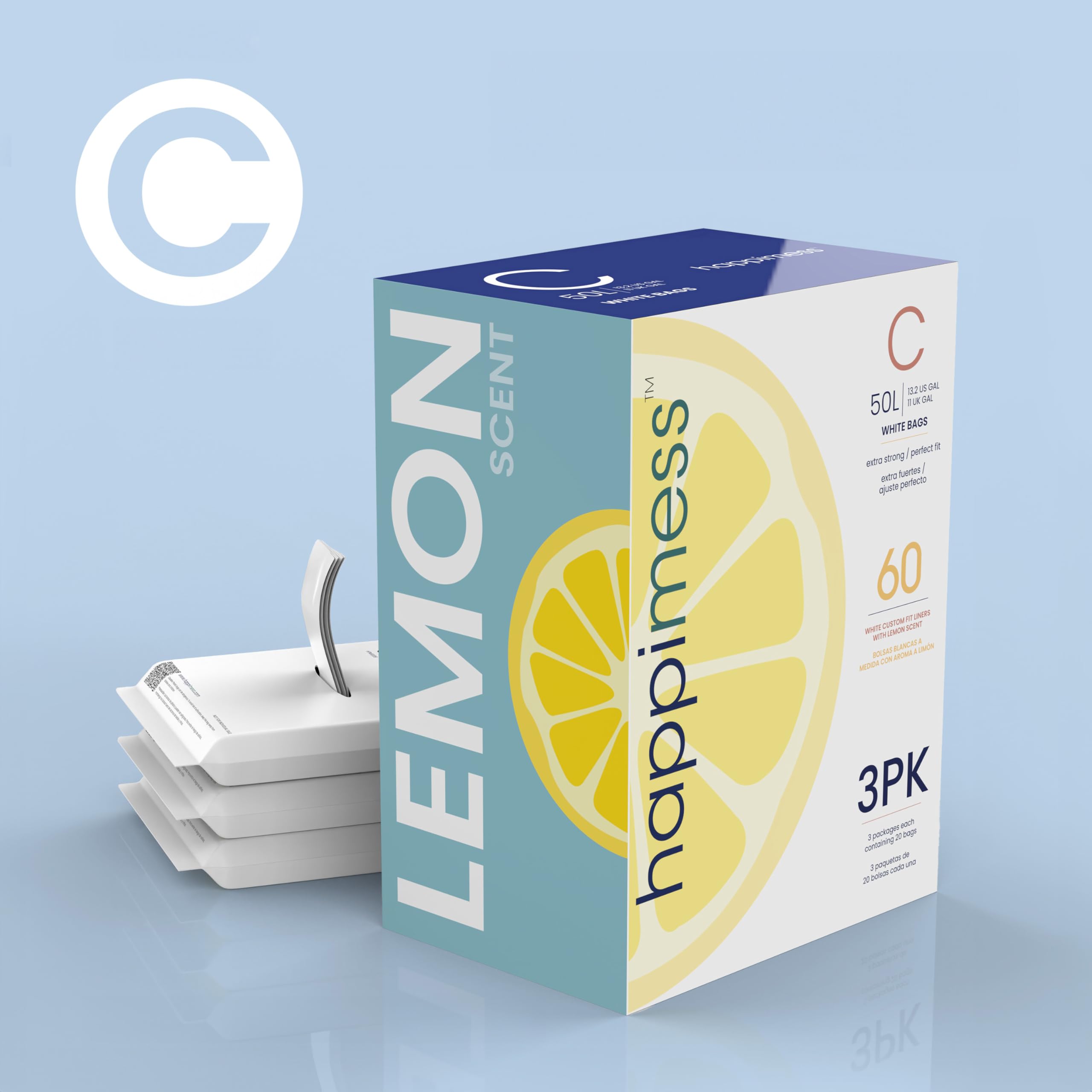 happimess Bolsas de basura con cordón de 13.2 galones, aroma a limón, blancas, forros de MDPE resistentes para cocina y hogar, control de olores, ajuste personalizado, 80 unidades (4 paquetes de 20