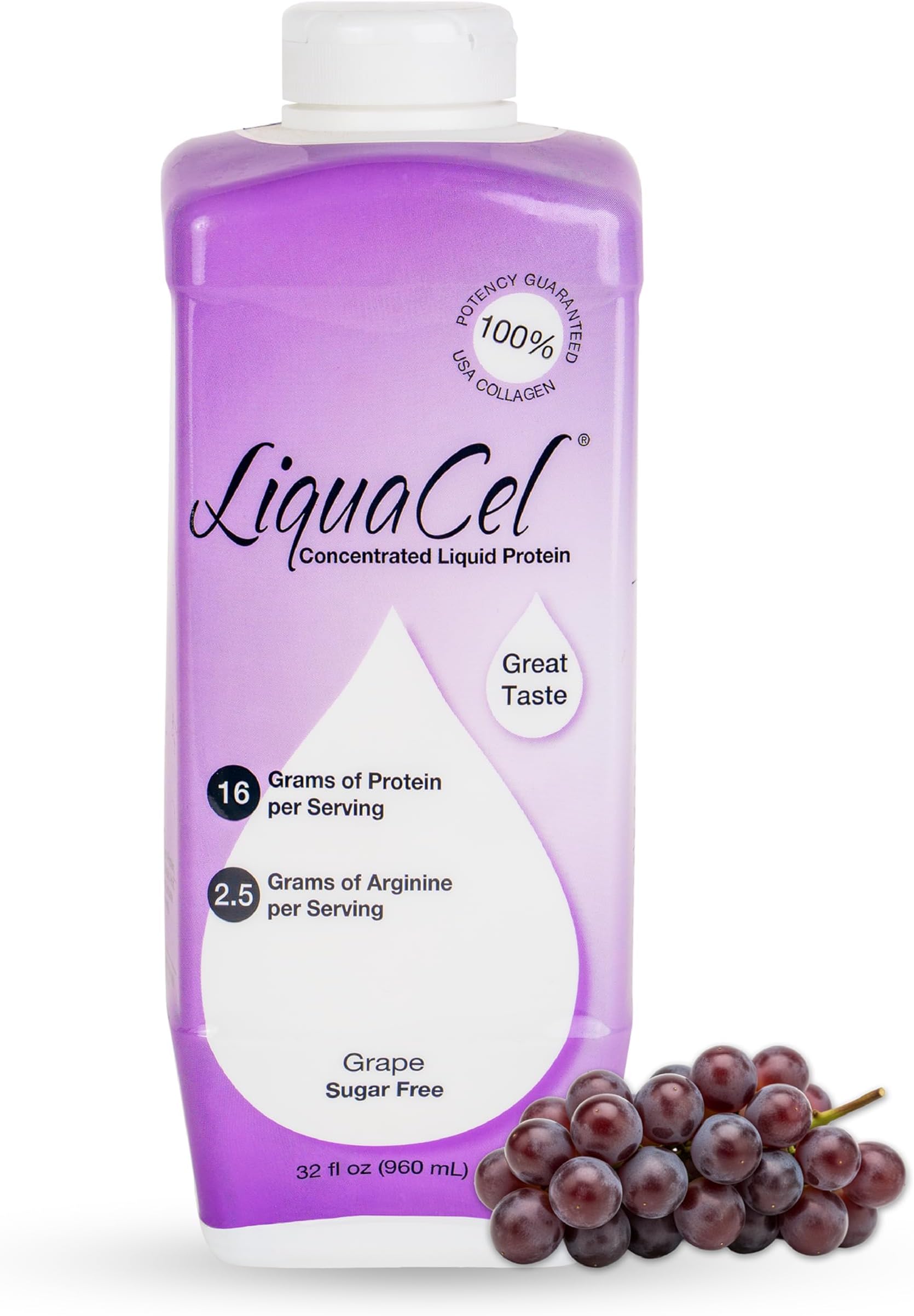 Concentrated Liquid Protein, Grape Flavor, Ready-to-Drink, 16g Hydrolyzed Collagen Protein and 2.5g Arginine Per 1oz Serving, Sugar & Gluten Free, 32 fl oz Bottle