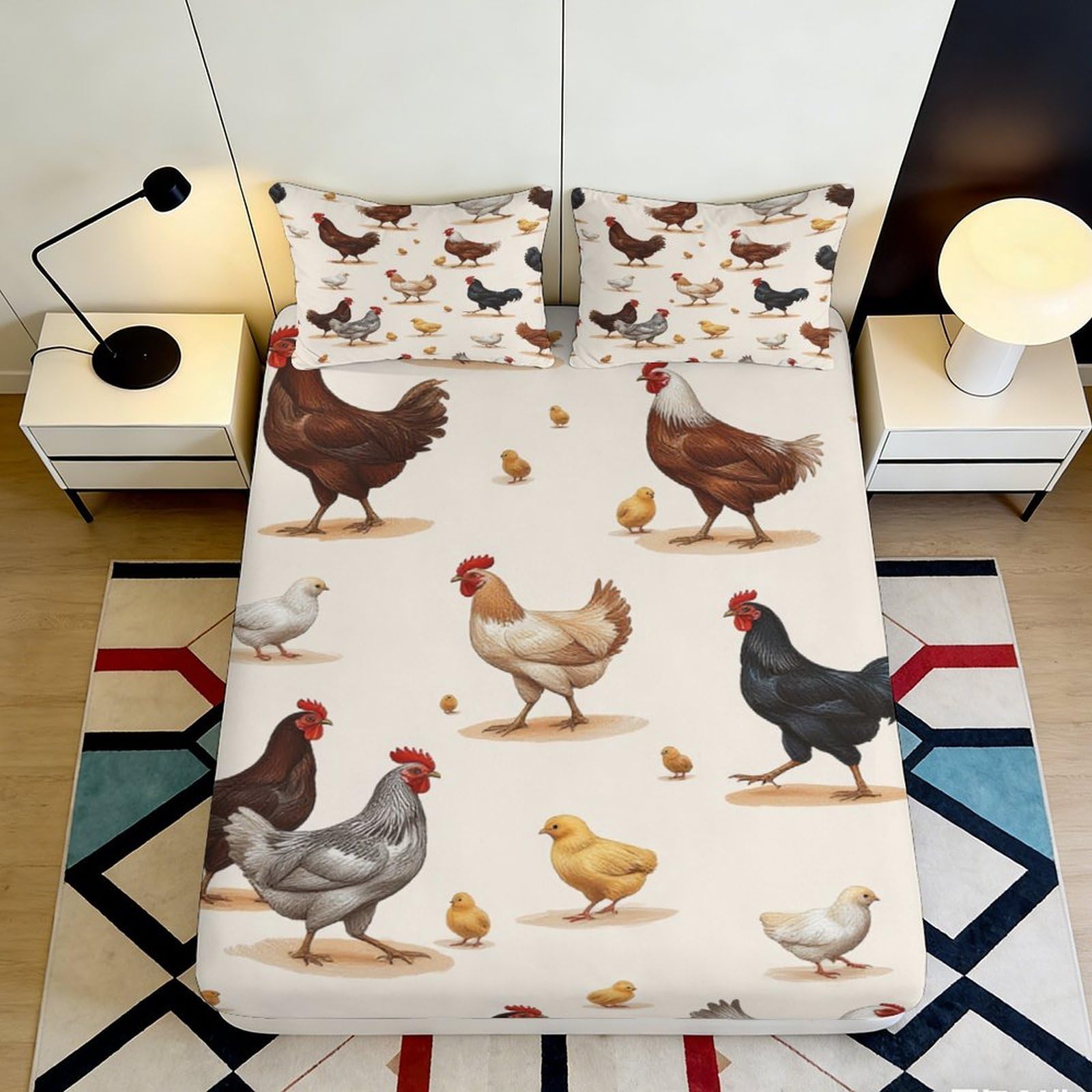 Pnayamiorkfel Style-1 3D Printed Farm Chicken Fitted Sheet Microfiber Non-Slip Bed Cover Hen Chick Mattress Protector For Bedroom Guest Room Decor 90X200x25cm