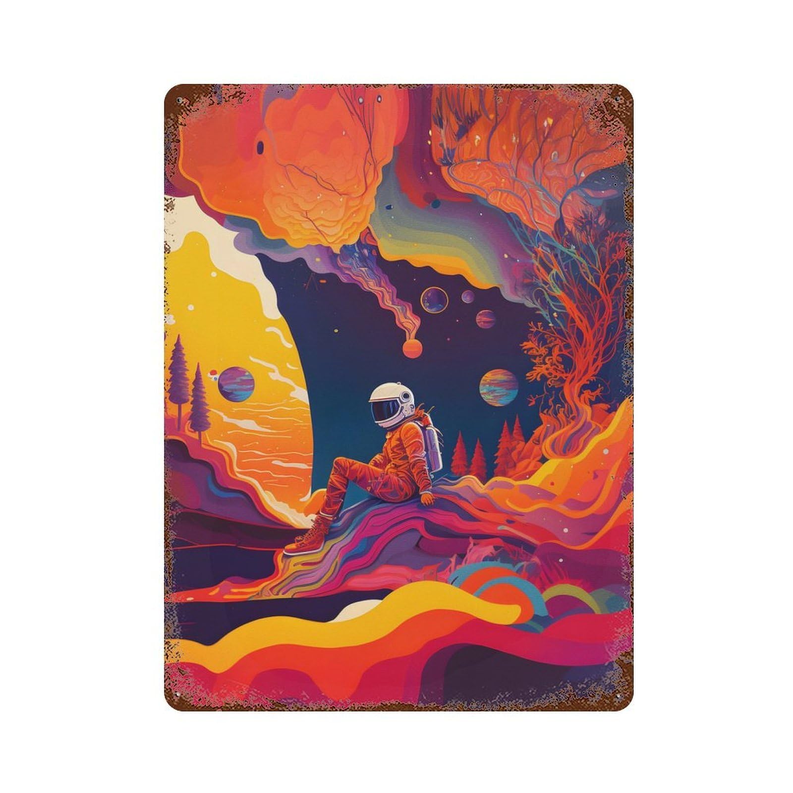 Decorative Tin Sign with Astronaut Colorfully Design 15.7"x11.8", for Garage, Bar And Workshop Decor, Farmhouse Wall Decor