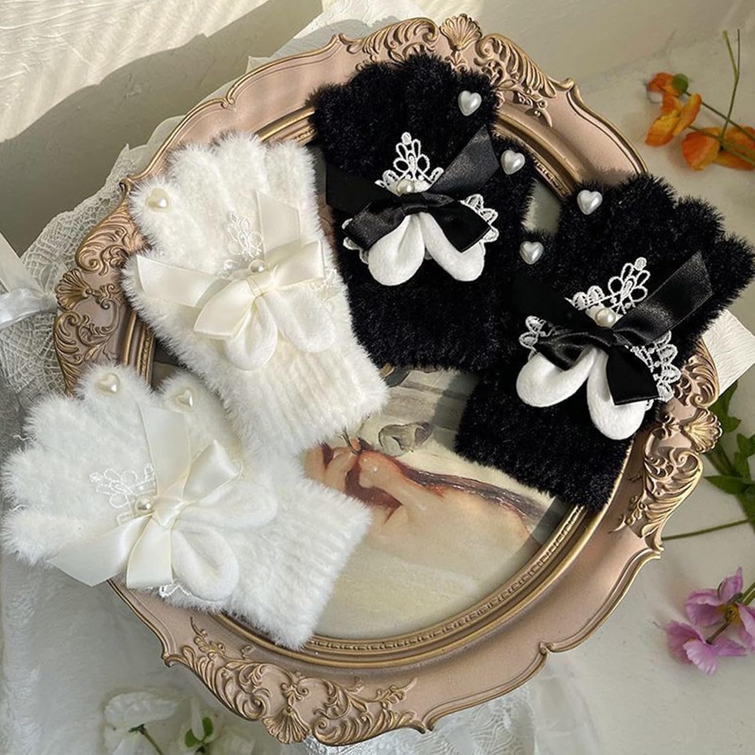 Winter Warm Stretchy Mittens Adult Knitted Beadwork Lace Full Finger Gloves JK Gloves For Cold Weather Cycling