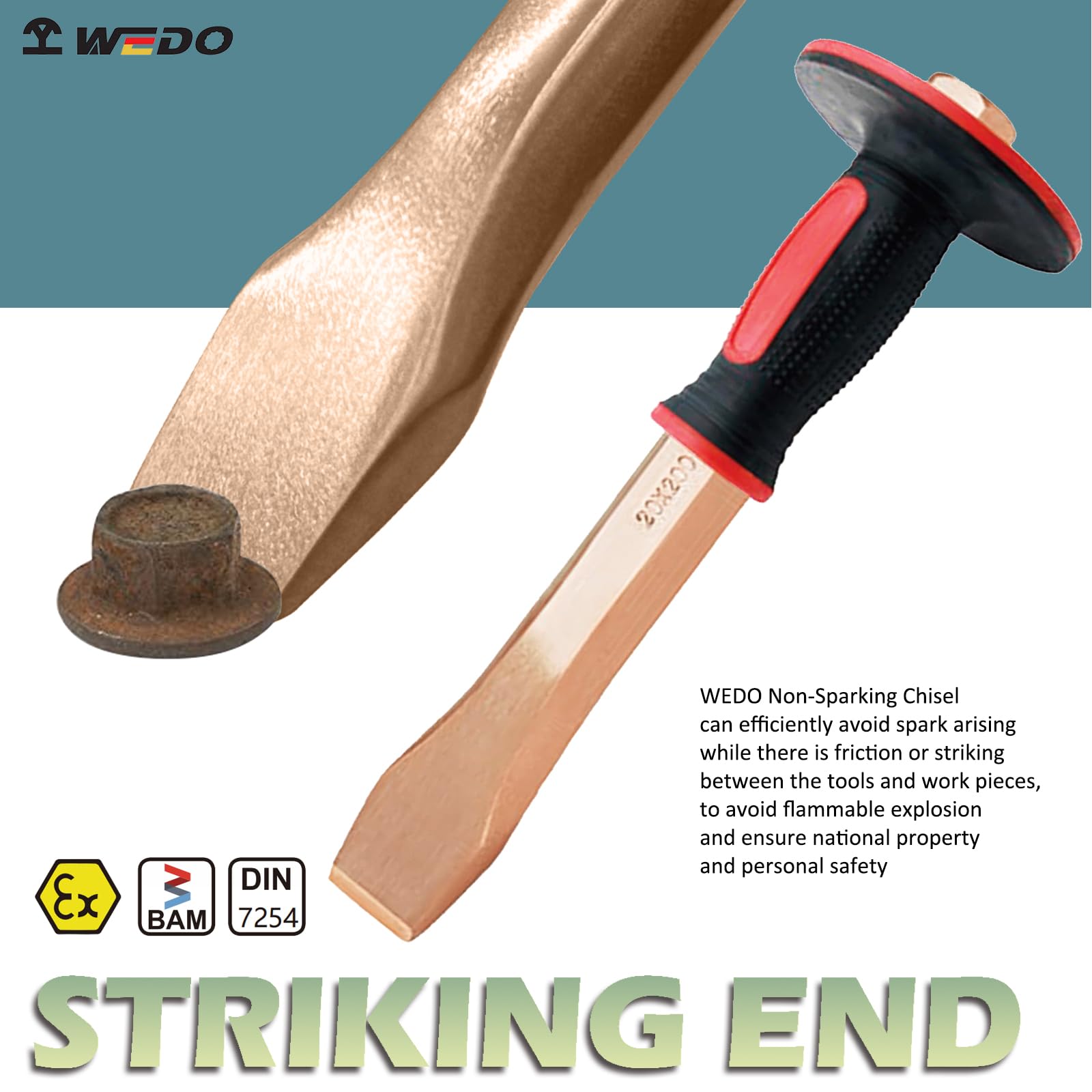 WEDO Cincel plano no brillante, hexagonal de 6 puntos, cincel de cemento, cincel de ladrillo, protector de manos de mampostería con espesor, cobre de berilio, no magnético, longitud 300 mm, mango de