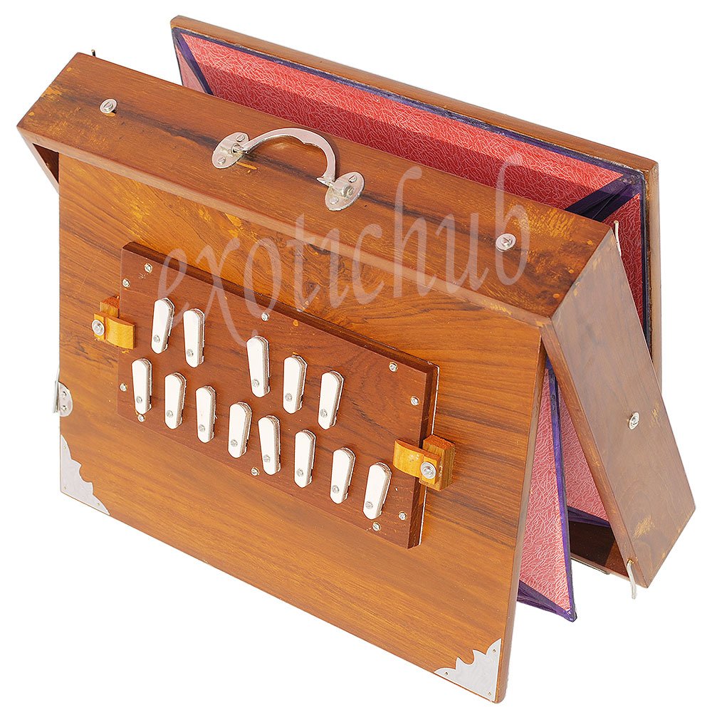 Shruti-Box aus Teakholz (40,6 x 30,5 x 7,6 cm), gestimmt auf: 440 Hz, Gigbag, Farbe: natürliches Teakholz, Tonart: -C zu C (niedriger Ton: Rohrblatt - Stecktyp), Sur Peti, Yoga, Bhajan, Kirtan, DJ