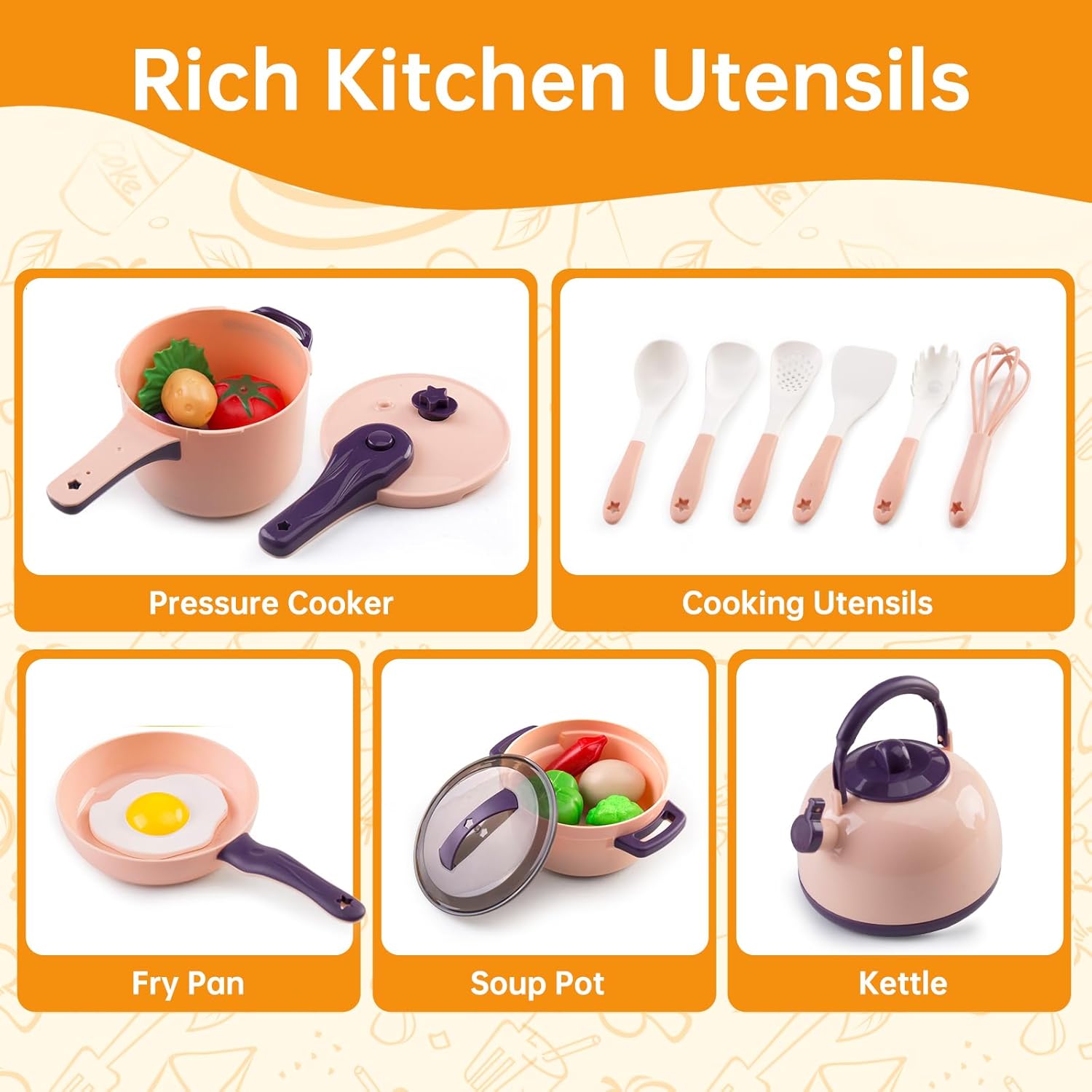 120Pcs Mini Play Kitchen Accessories, Kids Pretend Cooking Playset with Desserts, Cuttable Veggies & BBQ & Storage Basket, Educational Role-Play Gift for Toddlers, Child, Pink - Image 4